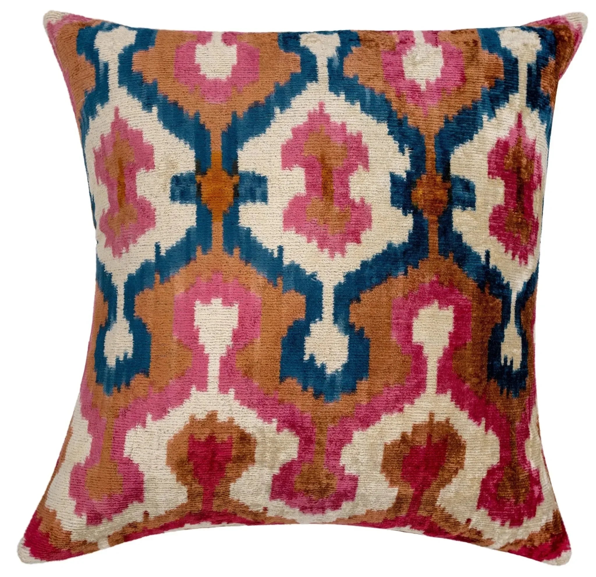 Handmade Velvet Throw Pillow with Pink, Blue, and Tan Ikat Design - High-Quality 20x20 Inch Decorative Accent with Premium Down Feather Insert - The Mayfair Hall