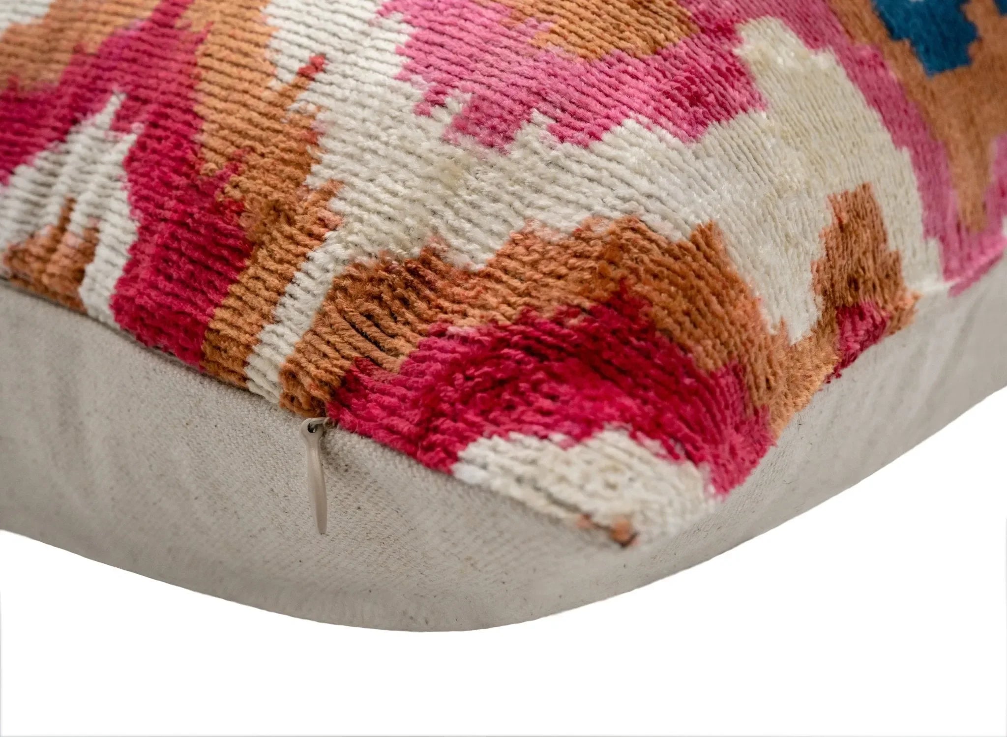 Handmade Velvet Throw Pillow with Pink, Blue, and Tan Ikat Design - High-Quality 20x20 Inch Decorative Accent with Premium Down Feather Insert - The Mayfair Hall