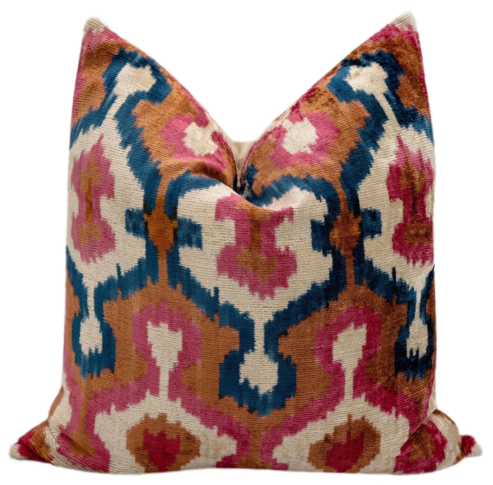 Handmade Velvet Throw Pillow with Pink, Blue, and Tan Ikat Design - High-Quality 20x20 Inch Decorative Accent with Premium Down Feather Insert - The Mayfair Hall