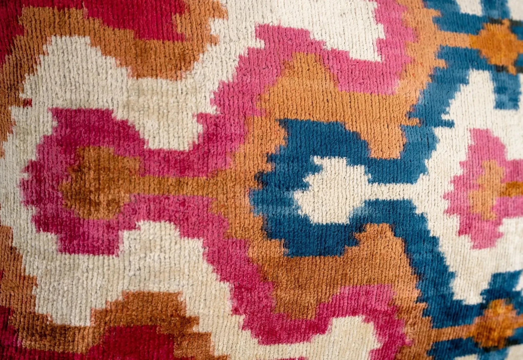 Handmade Velvet Throw Pillow with Pink, Blue, and Tan Ikat Design - High-Quality 20x20 Inch Decorative Accent with Premium Down Feather Insert - The Mayfair Hall