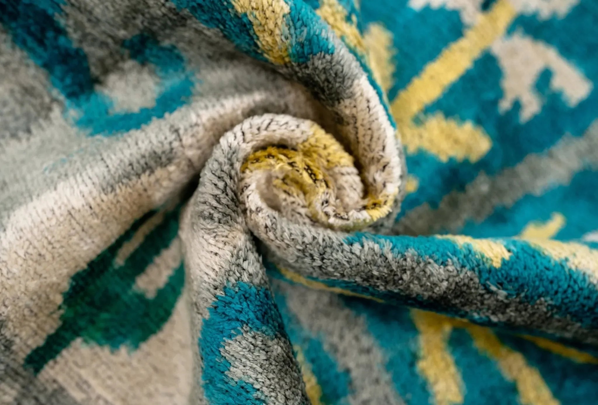Handmade Velvet Throw Pillow with Turquoise and Yellow Ikat Design - High-Quality 20x20 Inch Decorative Accent with Premium Down Feather Insert - The Mayfair Hall