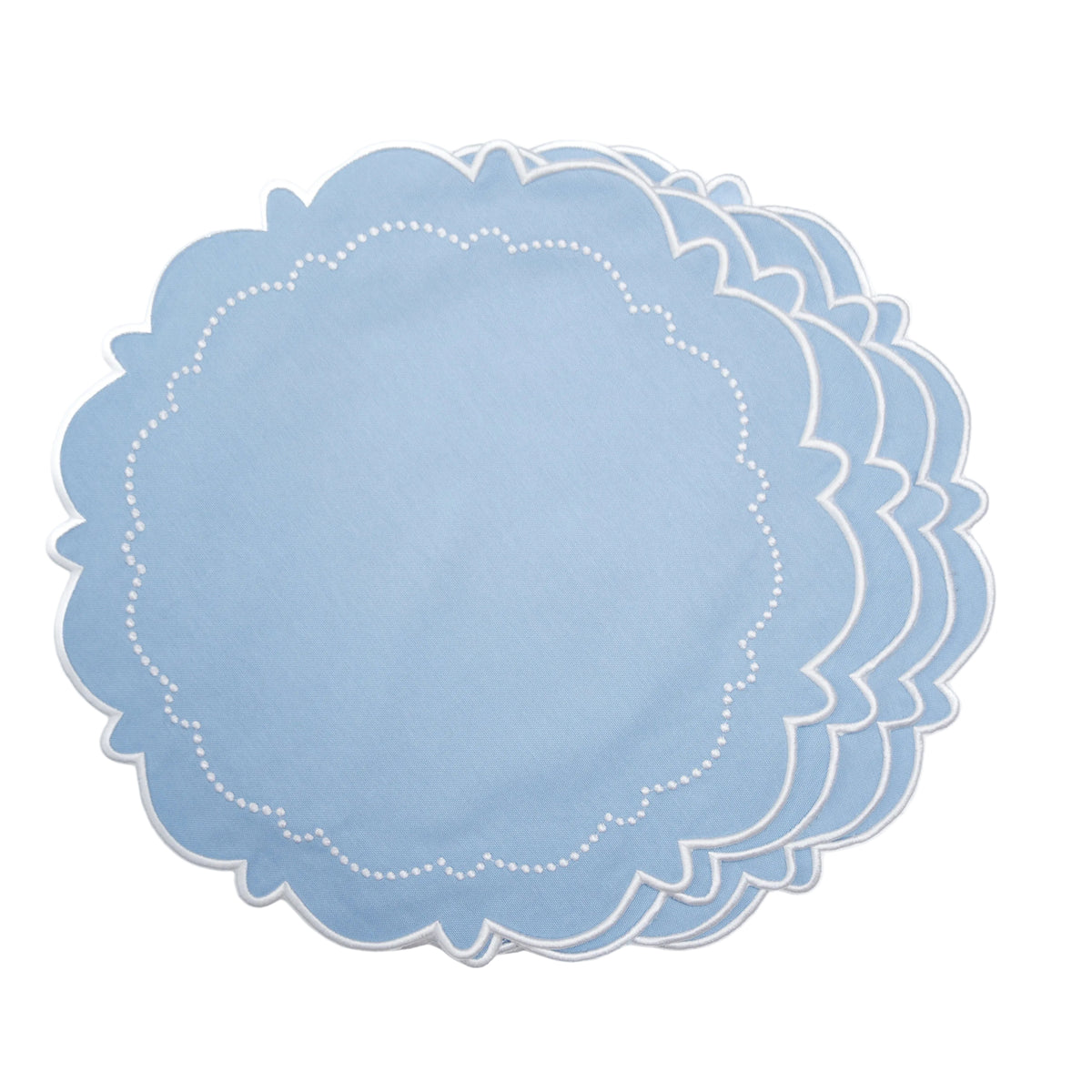 Styled table setting featuring Harmony Round Cotton Placemat Set in Blue; Cotton blend with silk-thread embroidery, by PNR Decor.
