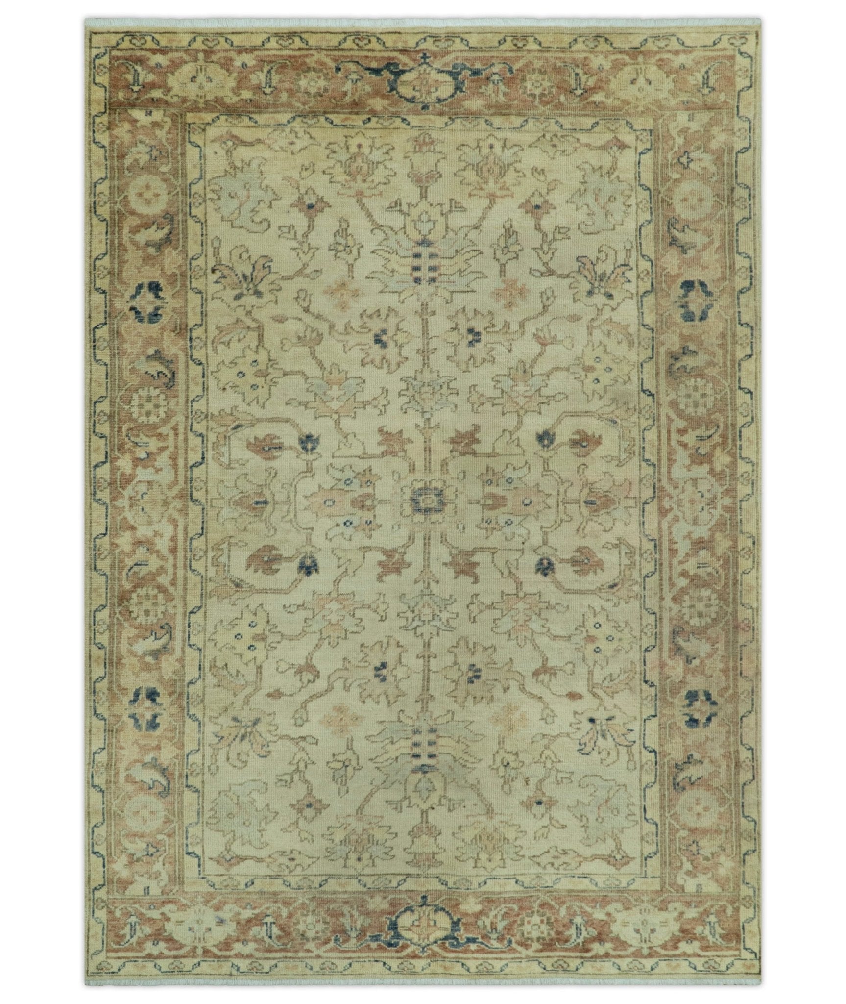 Heriz Traditional Design Beige And Blue 5.6x8 Hand Knotted Wool Area Rug