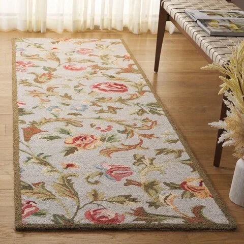 Chelsea Wool Rug in Ivory and Sage with Floral Design - The Mayfair Hall