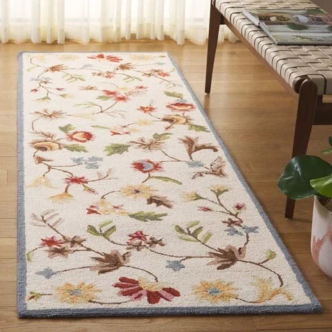 Chelsea Wool Rug in Ivory and Green with Floral Design - The Mayfair Hall