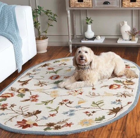 Chelsea Wool Rug in Ivory and Green with Floral Design - The Mayfair Hall