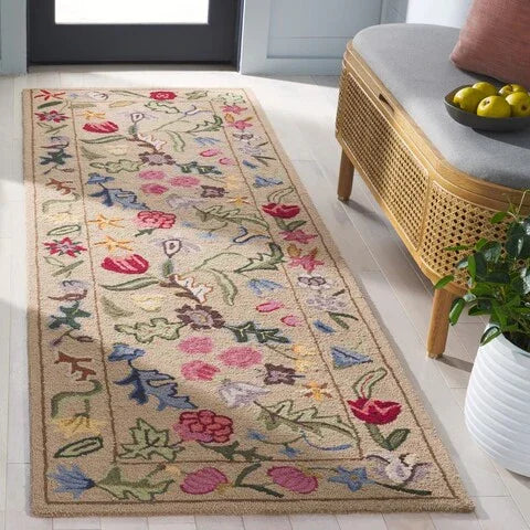 Chelsea Wool Rug in Beige and Pink with Floral Design - The Mayfair Hall