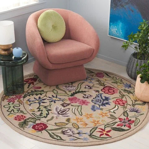 Chelsea Wool Rug in Beige and Pink with Floral Design - The Mayfair Hall
