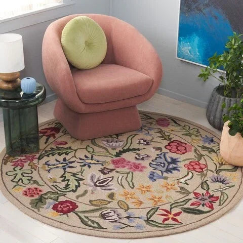 Chelsea Wool Rug in Beige and Pink with Floral Design - The Mayfair Hall