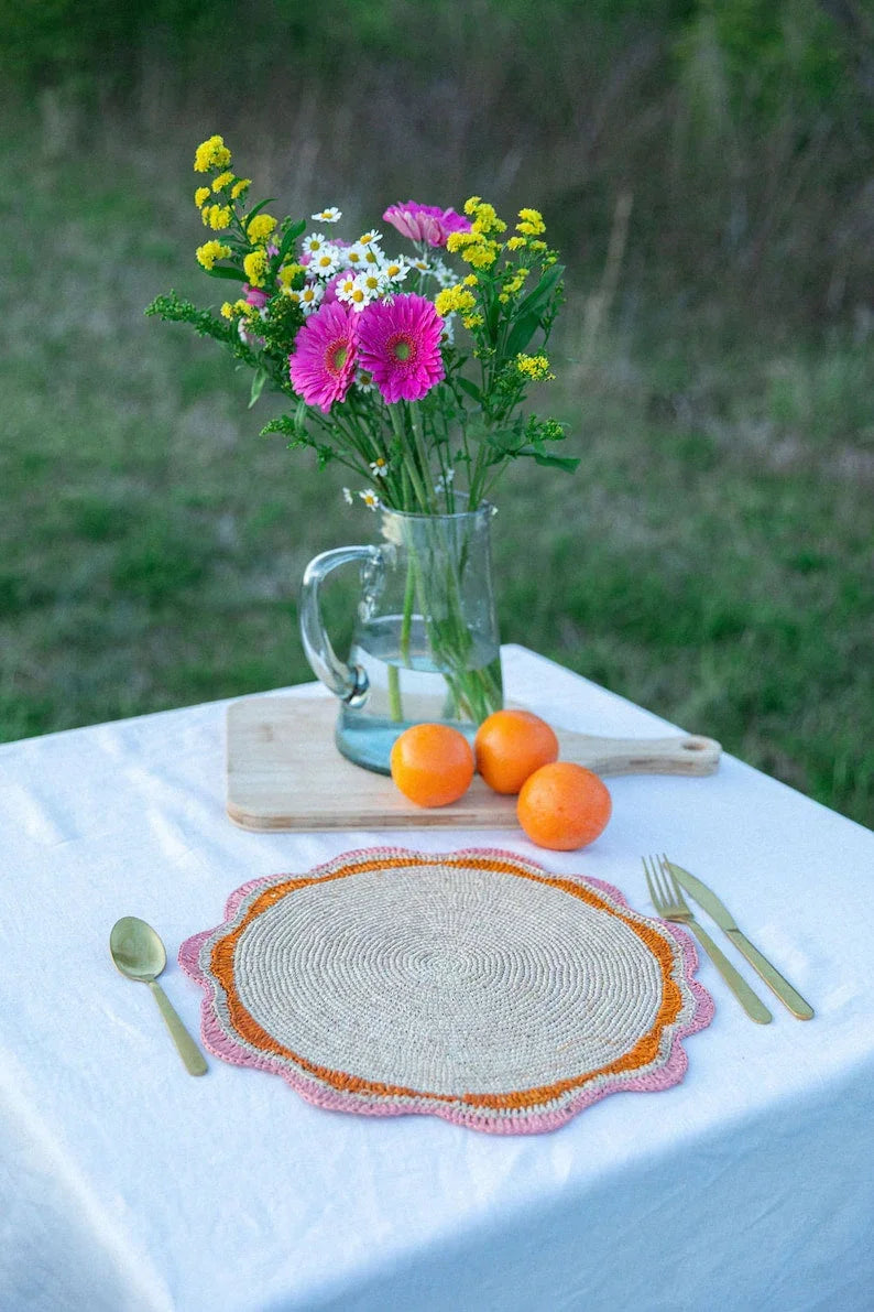 Round Pink Raffia Placemat – 14” Handwoven Crochet – Garden Party & Summer Table Decor - The Mayfair Hall