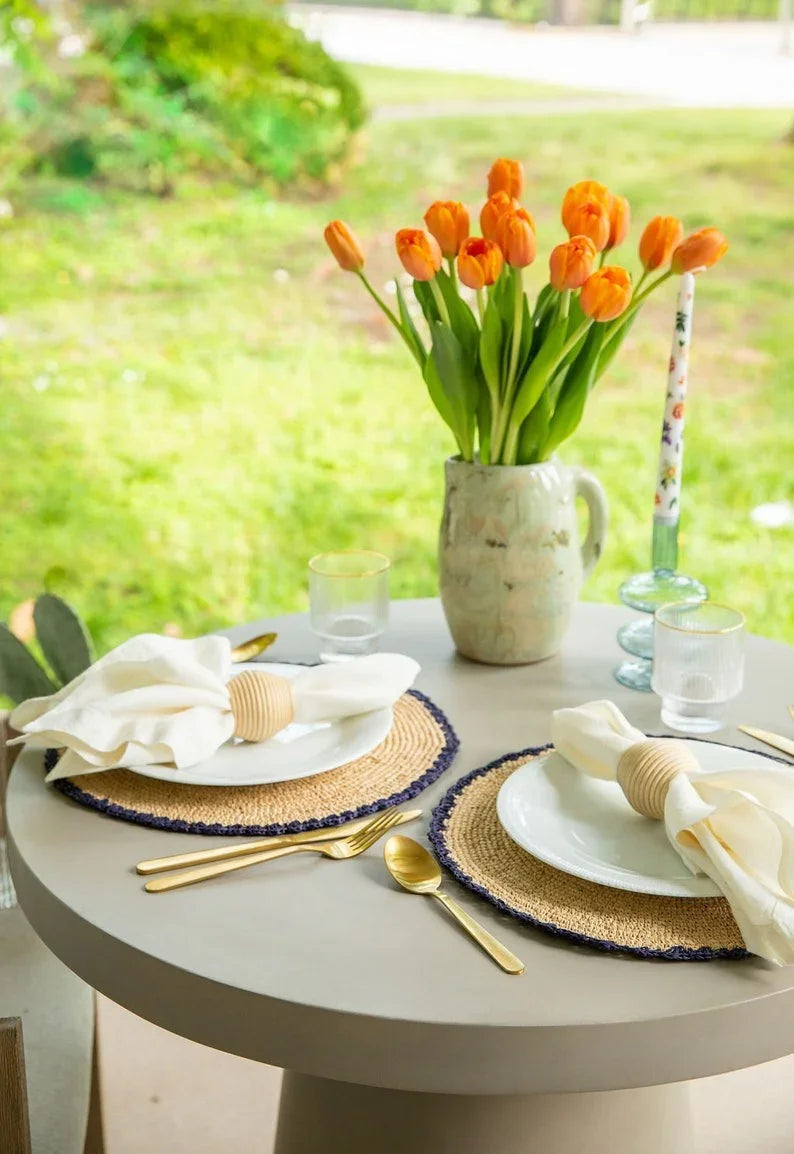 Handwoven Aura Blue Edge Placemat - Rustic Woven Raffia Tabletop Decor - The Mayfair Hall