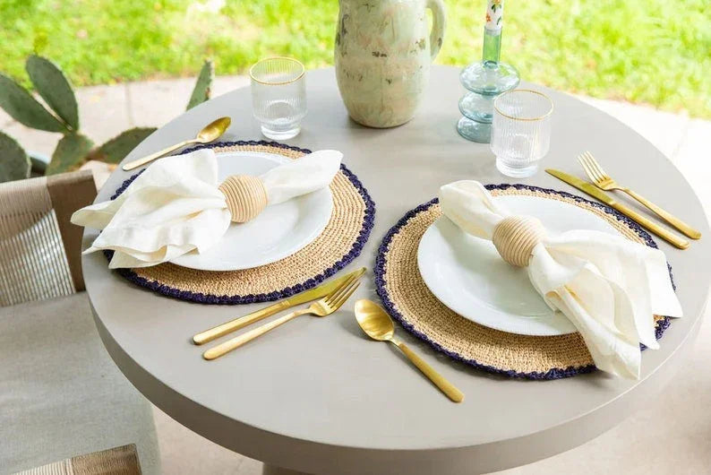 Handwoven Aura Blue Edge Placemat - Rustic Woven Raffia Tabletop Decor - The Mayfair Hall