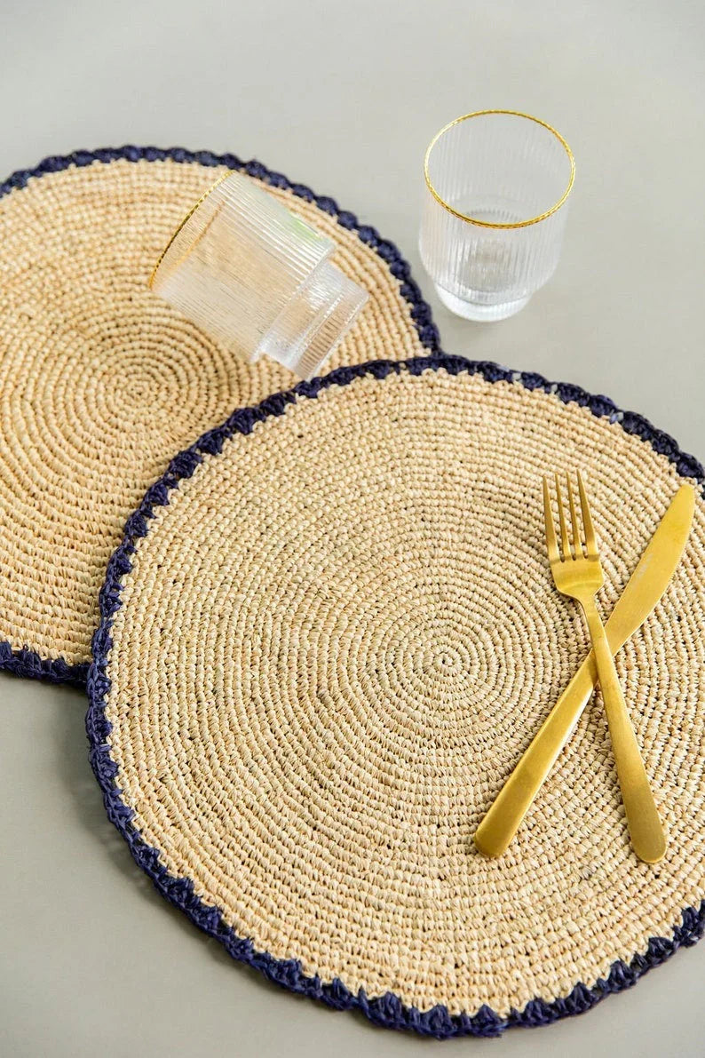 Handwoven Aura Blue Edge Placemat - Rustic Woven Raffia Tabletop Decor - The Mayfair Hall