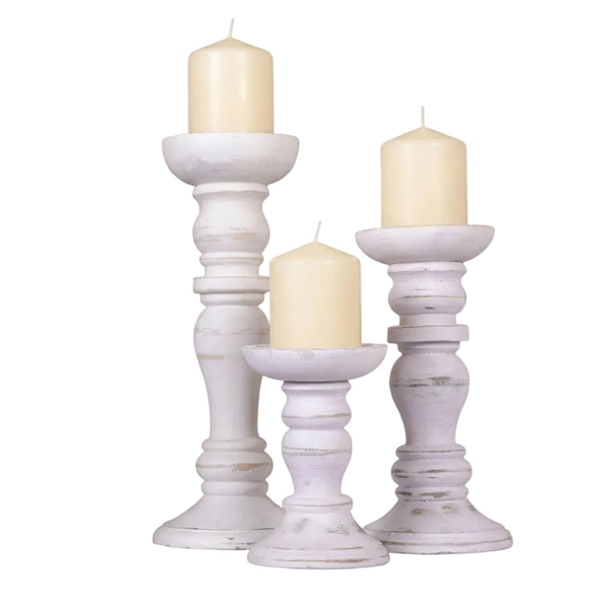 Aisha Whitewashed Mango Wood Pillar Candleholder Set by Mela Artisans