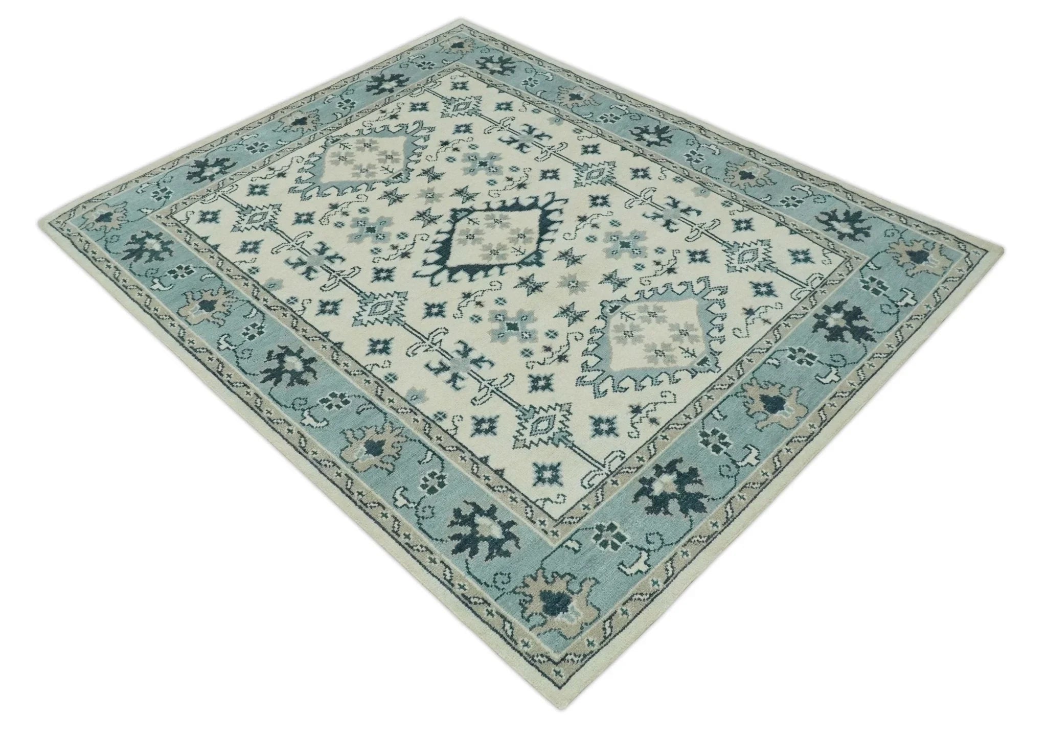 Ivory and Light Blue Traditional Oriental Hand Knotted Custom Made wool area Rug - The Rug Decor