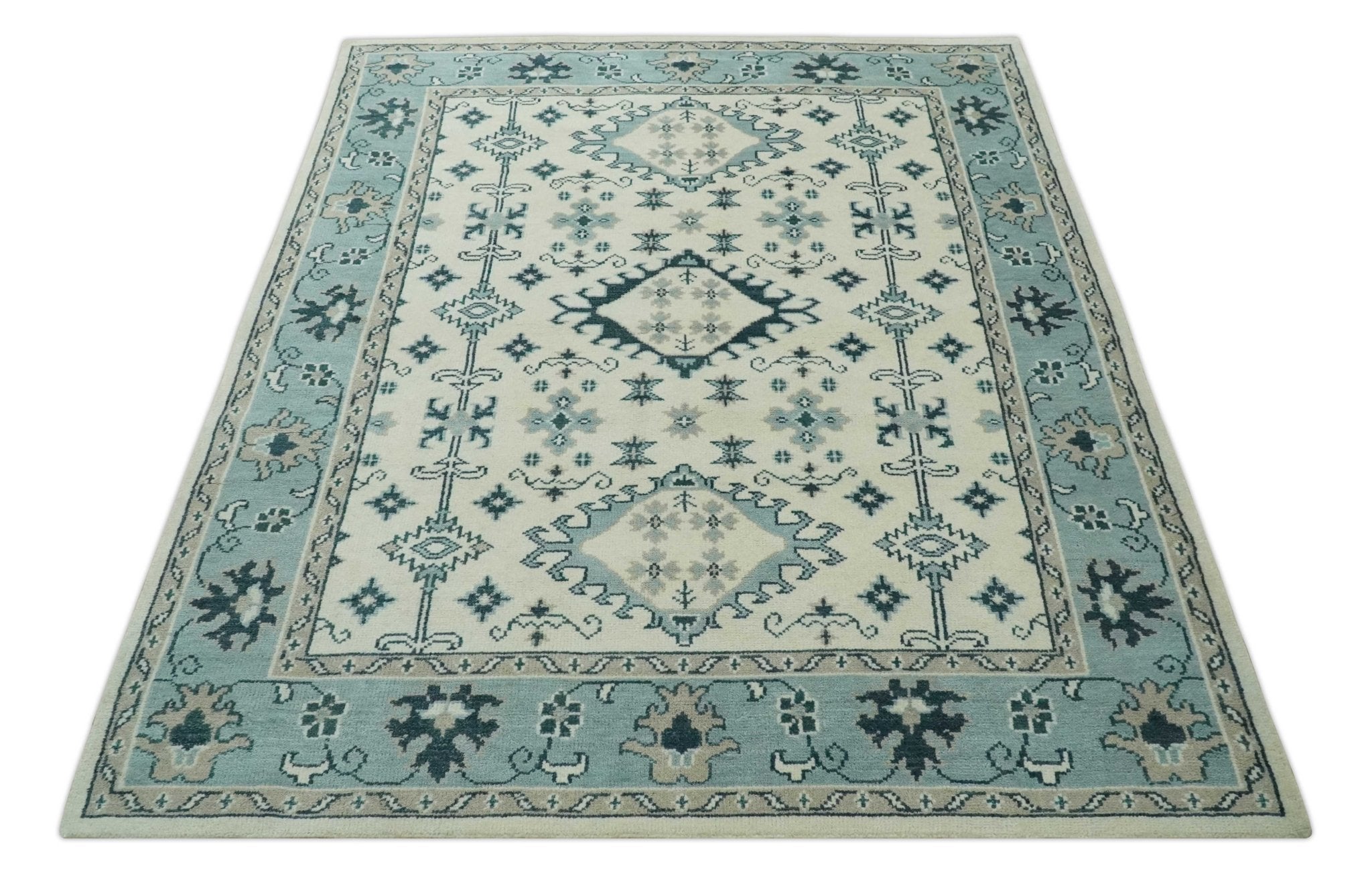 Ivory and Light Blue Traditional Oriental Hand Knotted Custom Made wool area Rug - The Rug Decor
