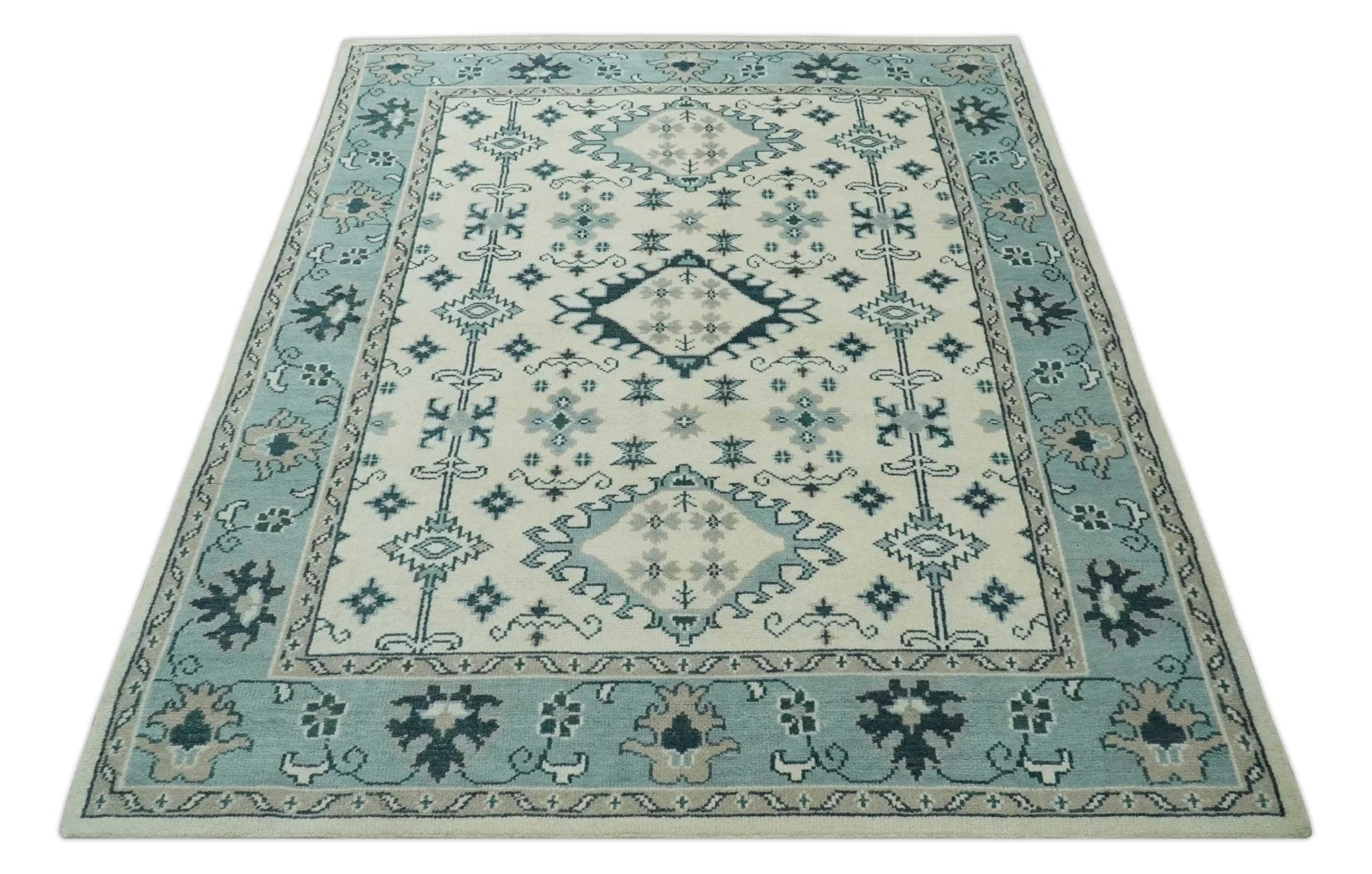 Ivory and Light Blue Traditional Oriental Hand Knotted Custom Made wool area Rug - The Rug Decor