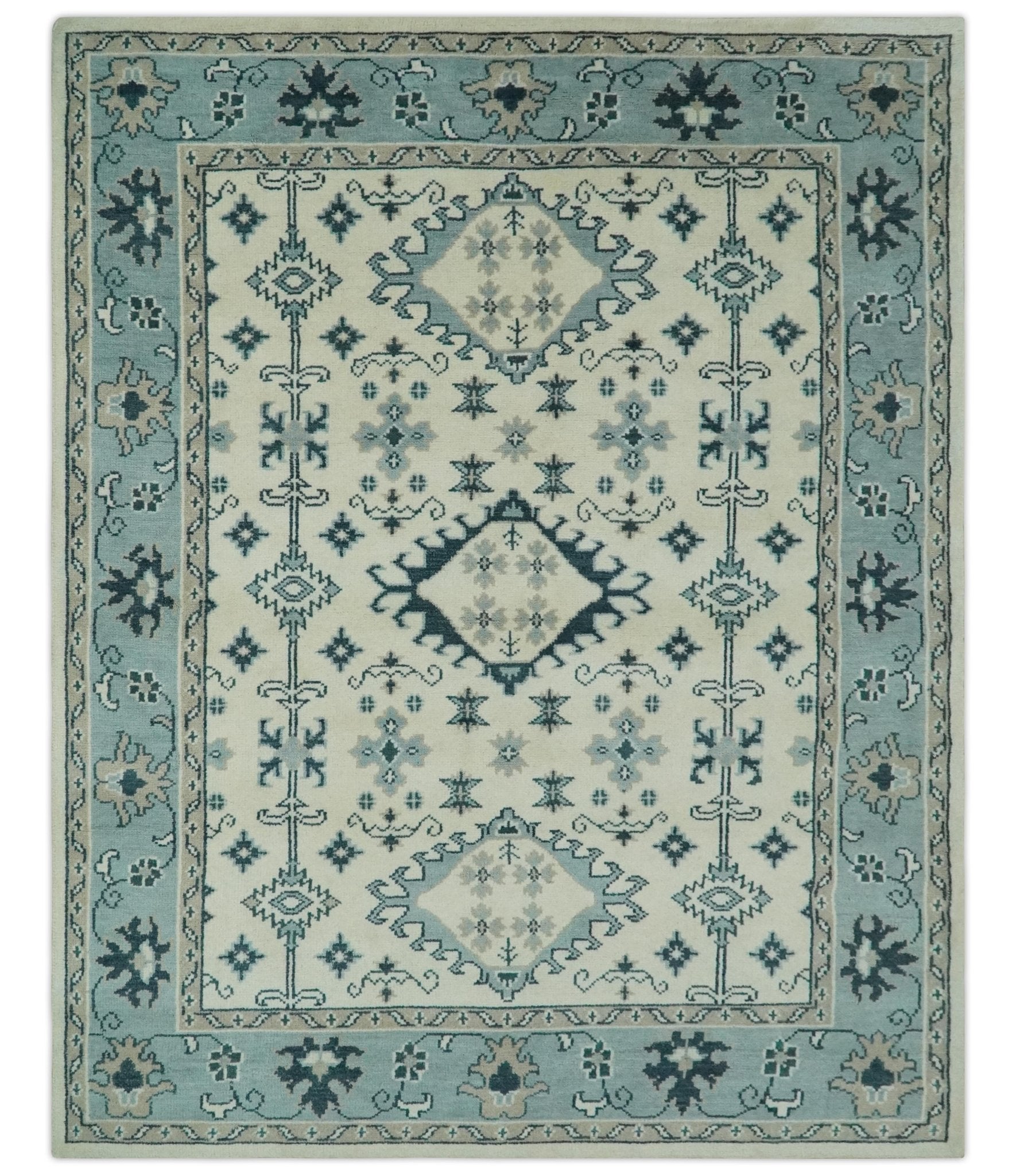 Ivory and Light Blue Traditional Oriental Hand Knotted Custom Made wool area Rug - The Rug Decor