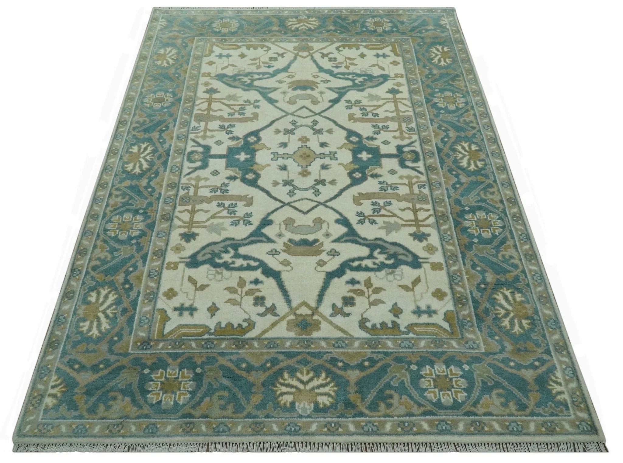 Ivory and Teal Hand Knotted Traditional Oriental Oushak Multi size wool area rug - The Mayfair Hall