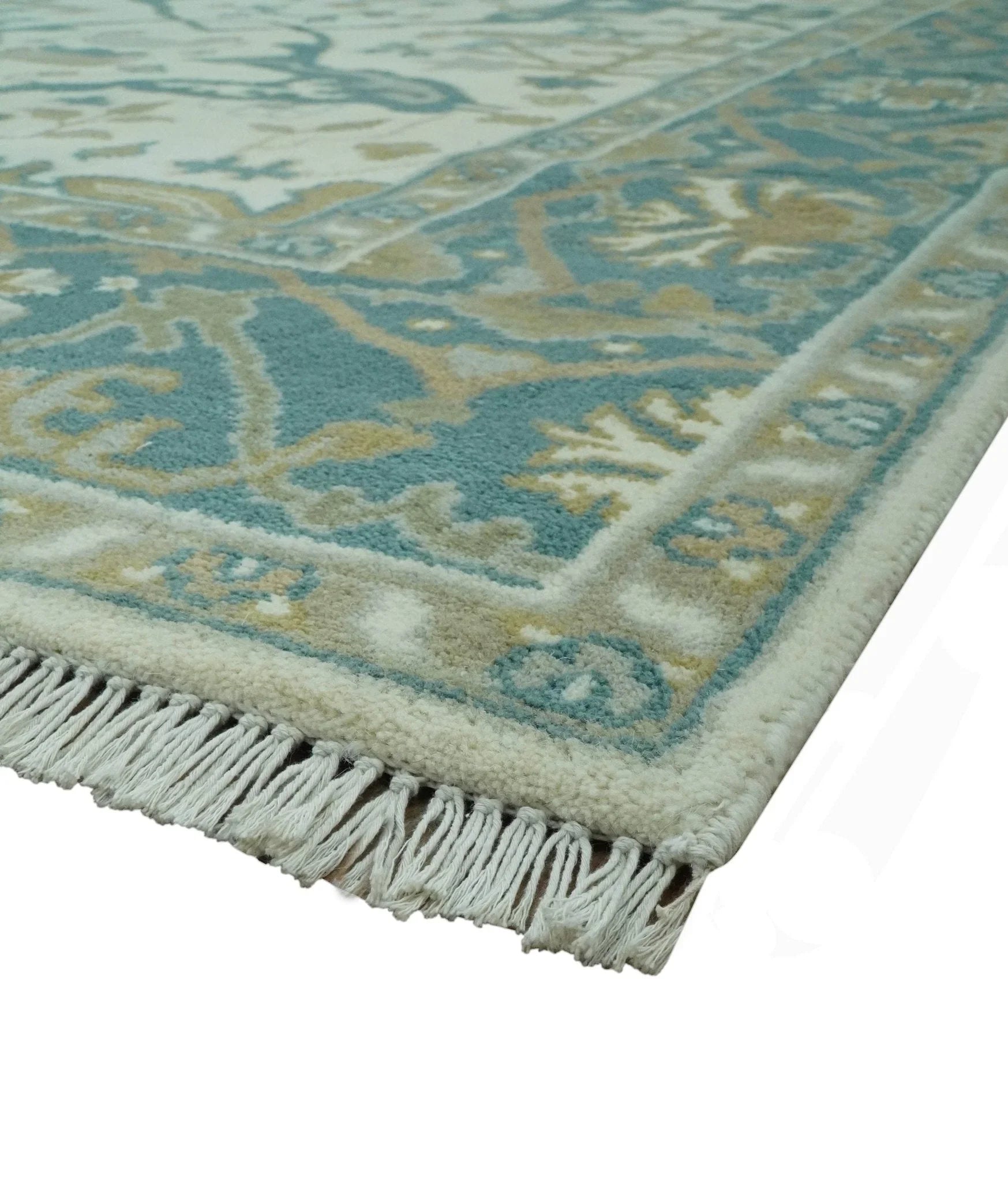 Ivory and Teal Hand Knotted Traditional Oriental Oushak Multi size wool area rug - The Mayfair Hall