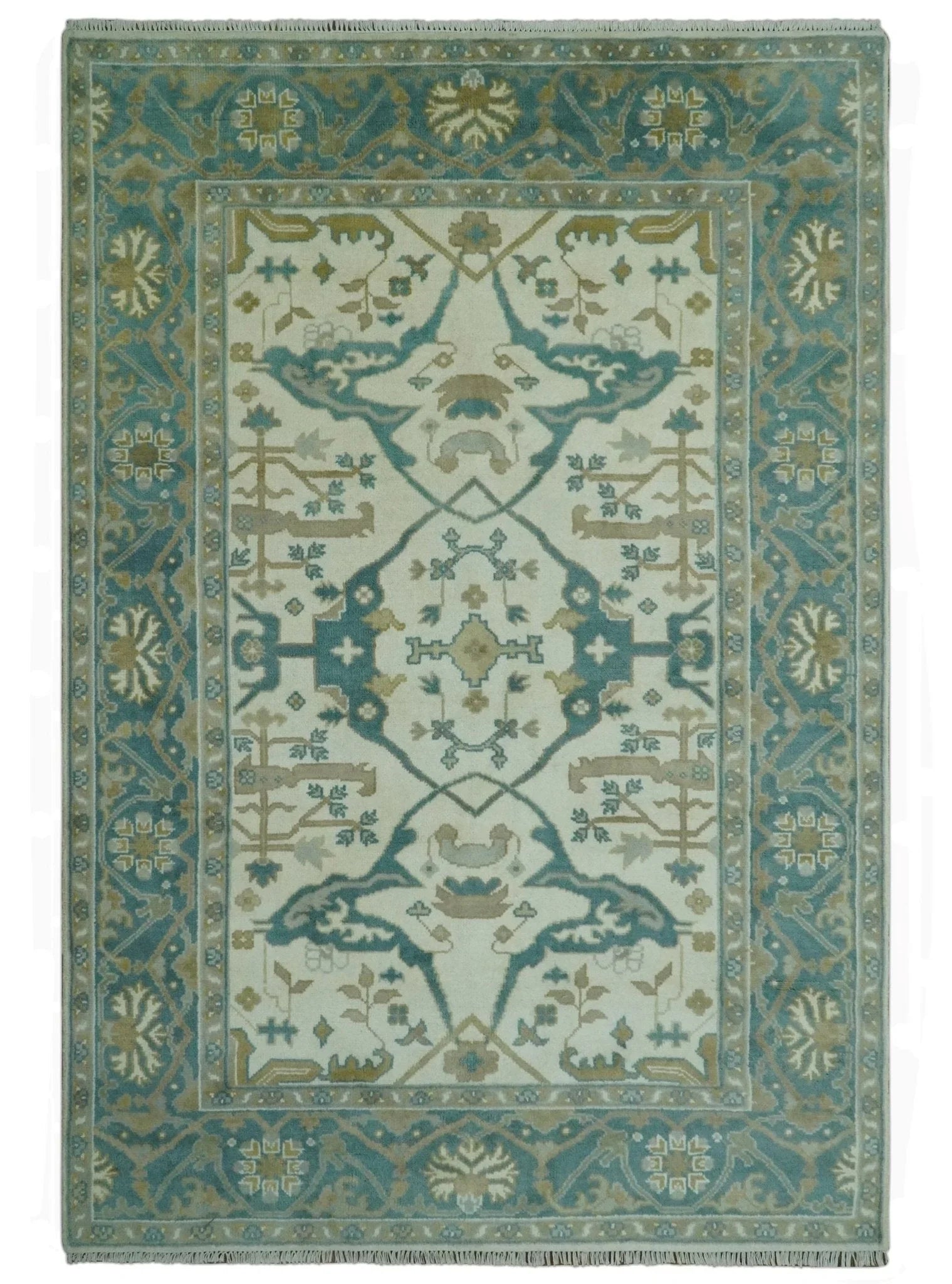 Ivory and Teal Hand Knotted Traditional Oriental Oushak Multi size wool area rug - The Mayfair Hall