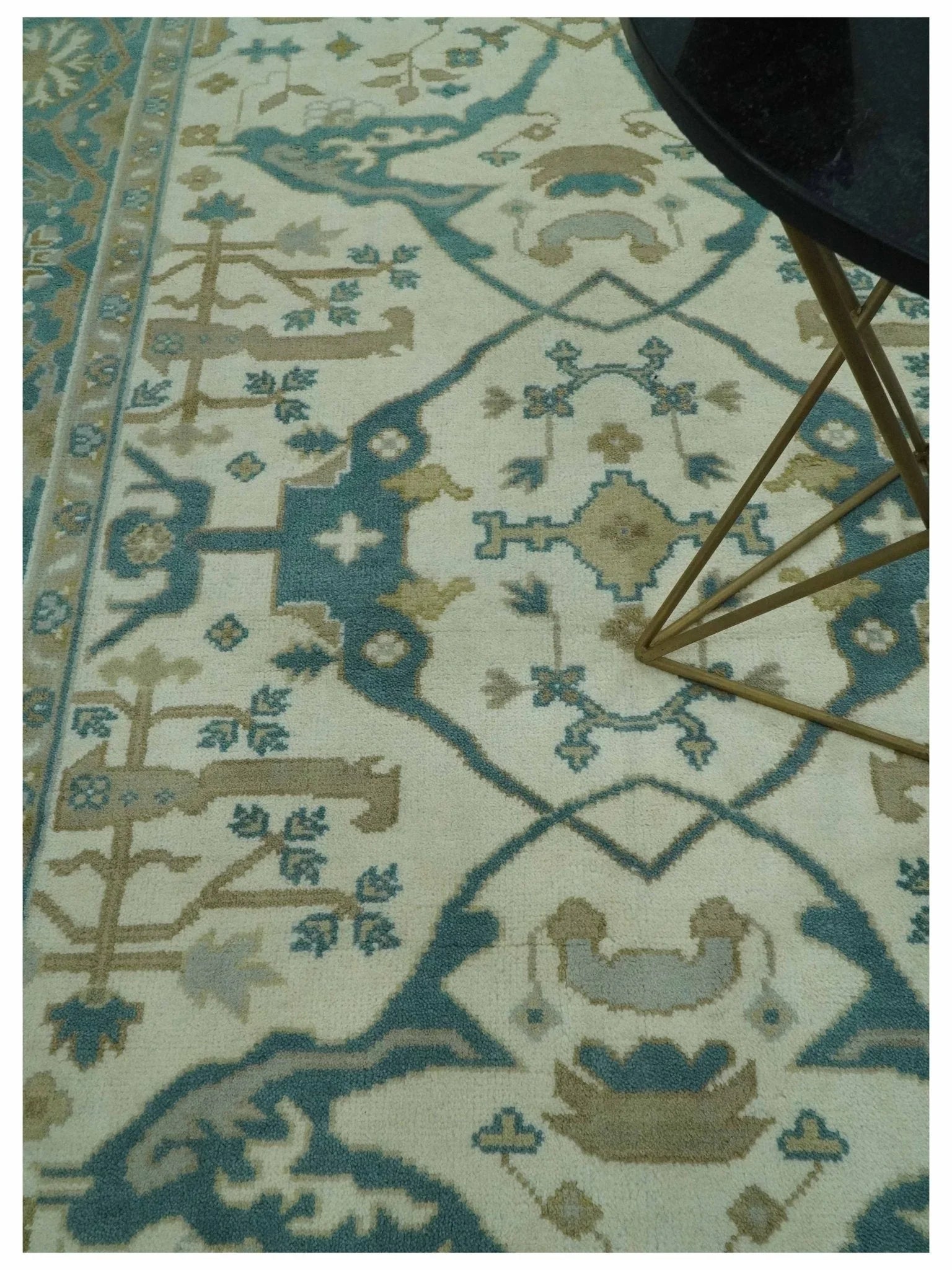 Ivory and Teal Hand Knotted Traditional Oriental Oushak Multi size wool area rug - The Mayfair Hall