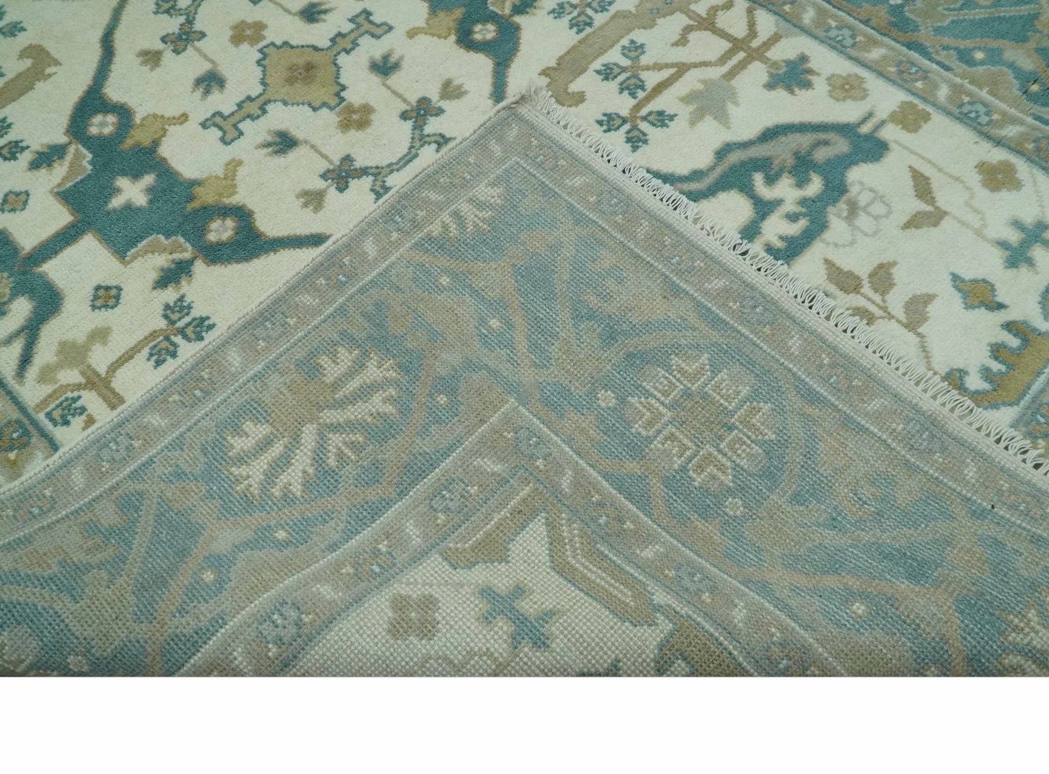 Ivory and Teal Hand Knotted Traditional Oriental Oushak Multi size wool area rug - The Mayfair Hall