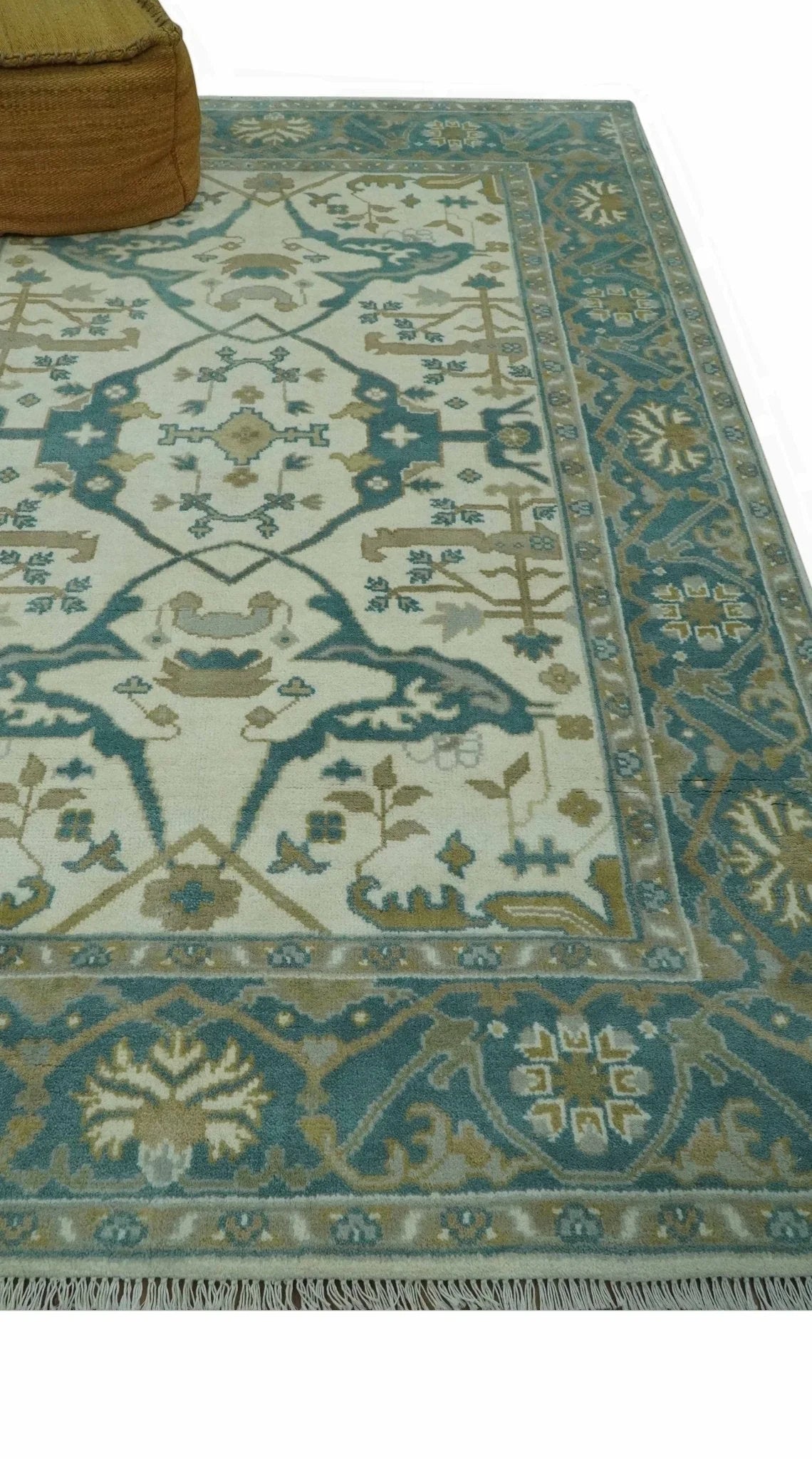 Ivory and Teal Hand Knotted Traditional Oriental Oushak Multi size wool area rug - The Mayfair Hall