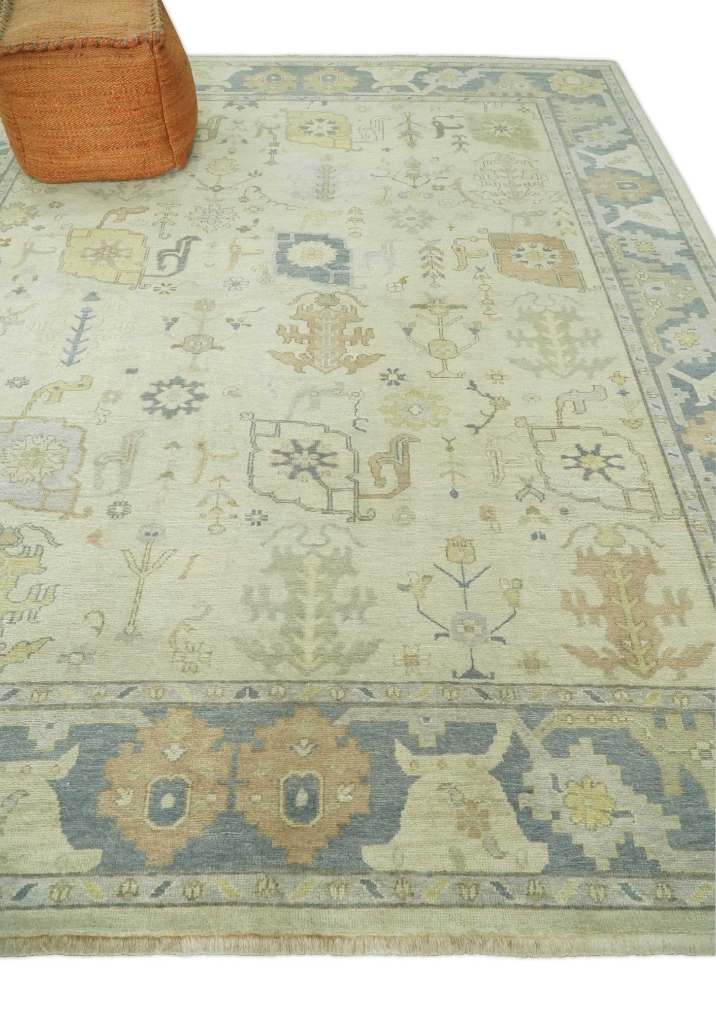 Beige and Gray Hand Knotted Traditional Persian Oushak Wool Rug