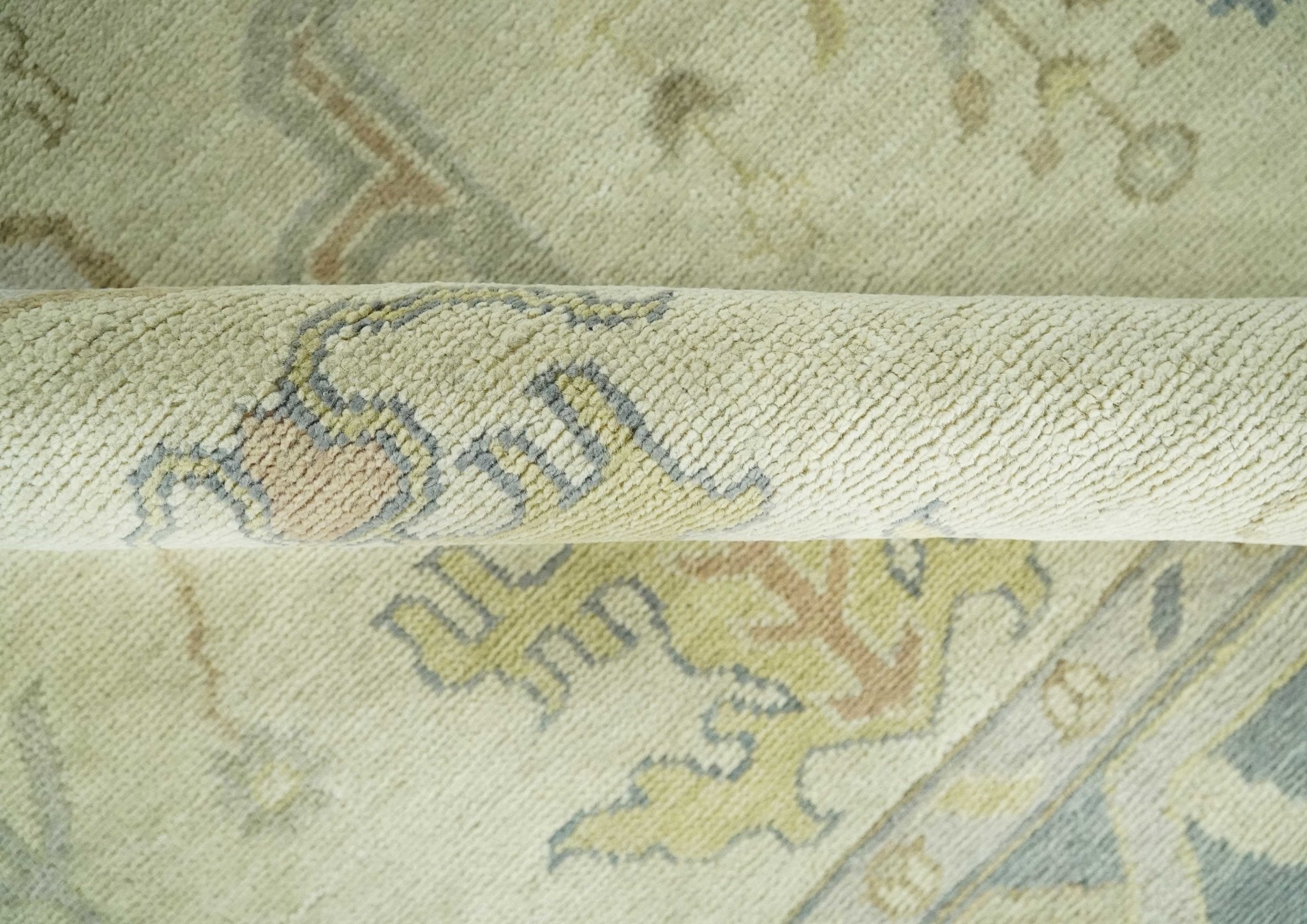 Beige and Gray Hand Knotted Traditional Persian Oushak Wool Rug