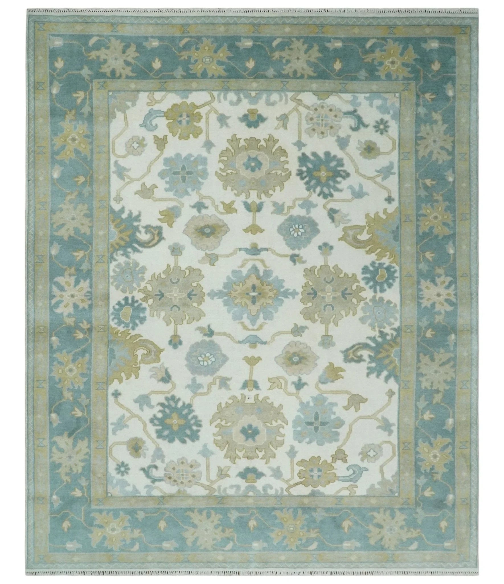 Ivory, Blue and Beige Floral Oushak Hand Knotted Traditional Turkish Inspired Wool Area Rug | TRDCP1538 - The Rug Decor