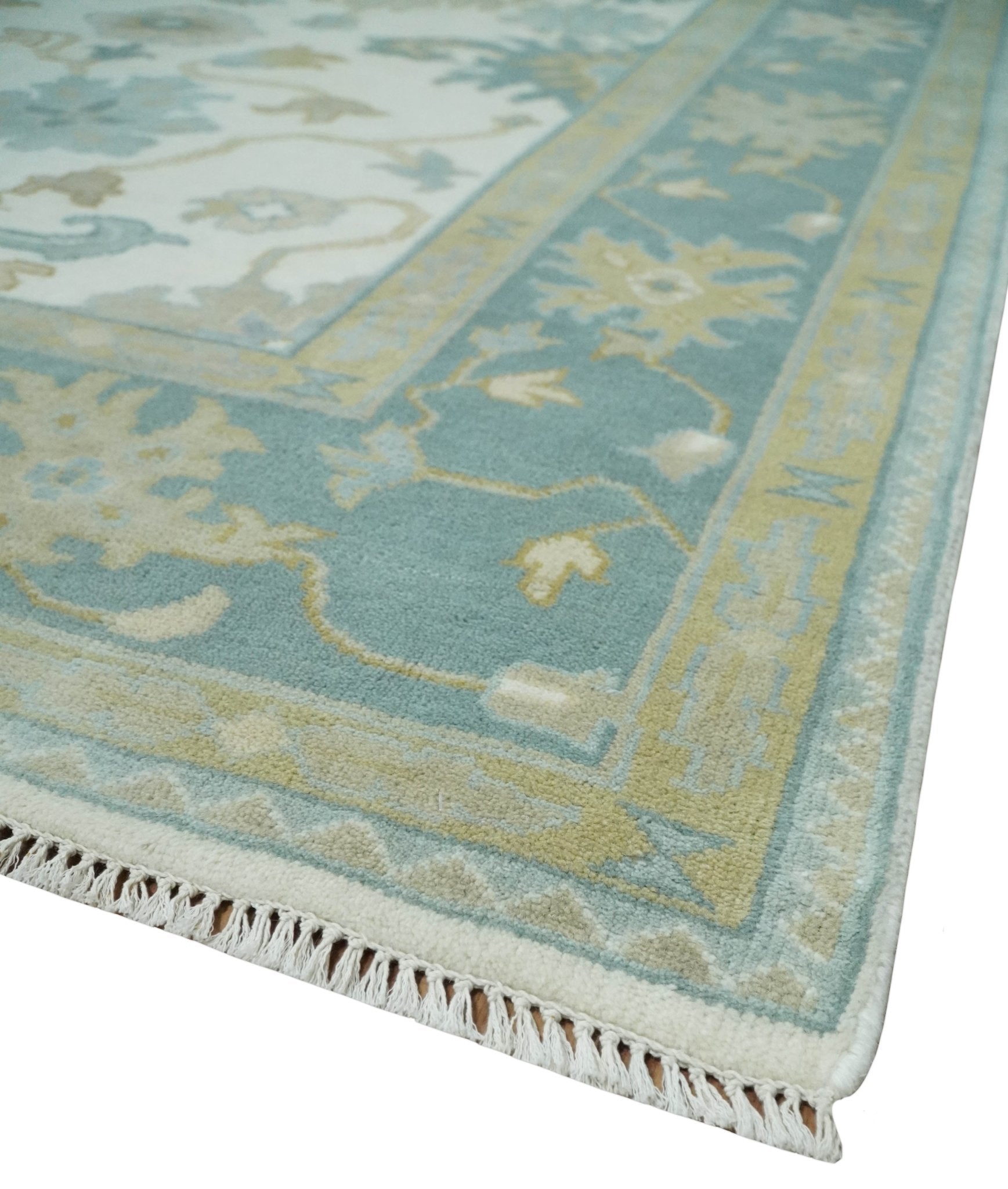Ivory, Blue and Beige Floral Oushak Hand Knotted Traditional Turkish Inspired Wool Area Rug | TRDCP1538 - The Rug Decor