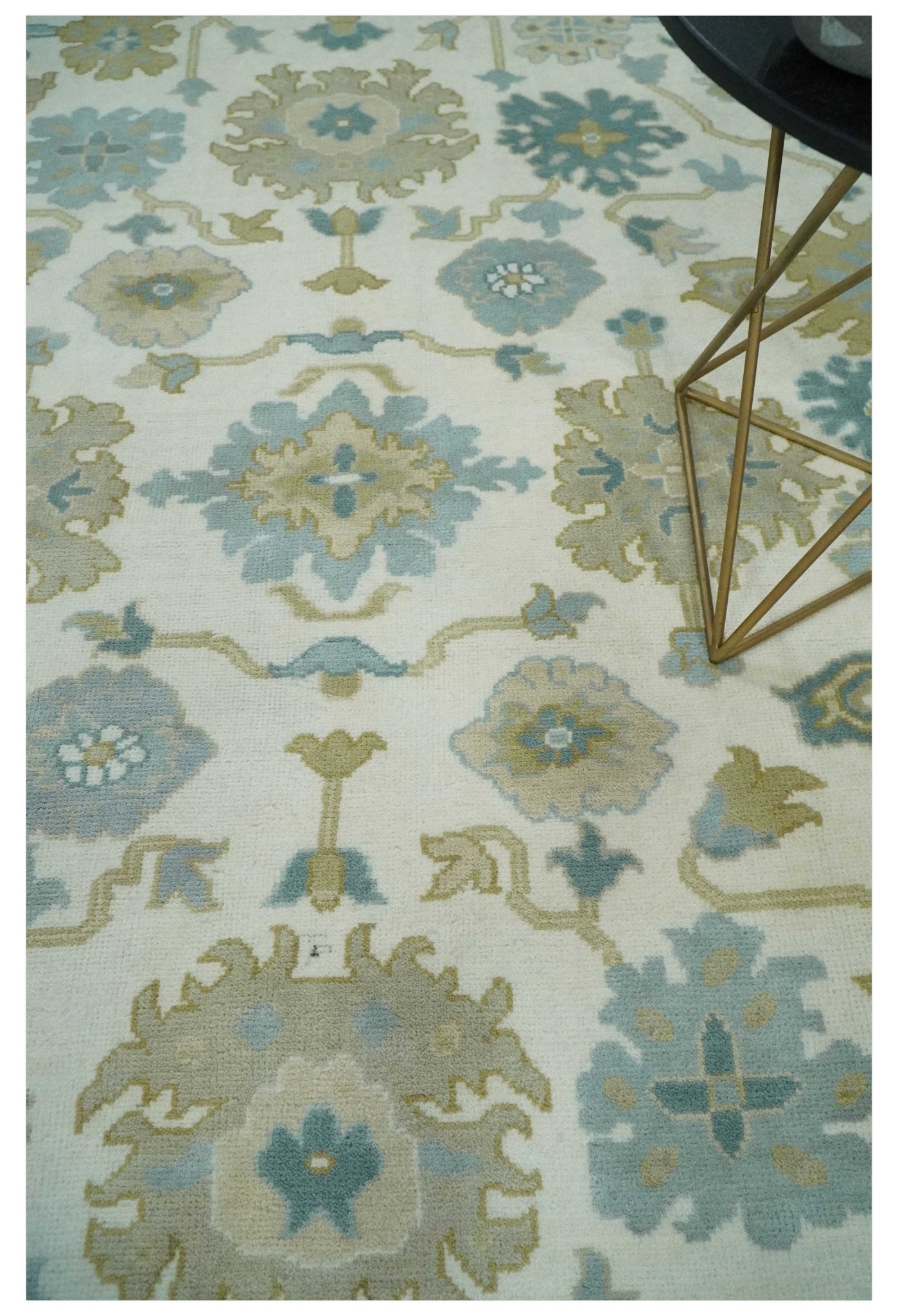 Ivory, Blue and Beige Floral Oushak Hand Knotted Traditional Turkish Inspired Wool Area Rug | TRDCP1538 - The Rug Decor