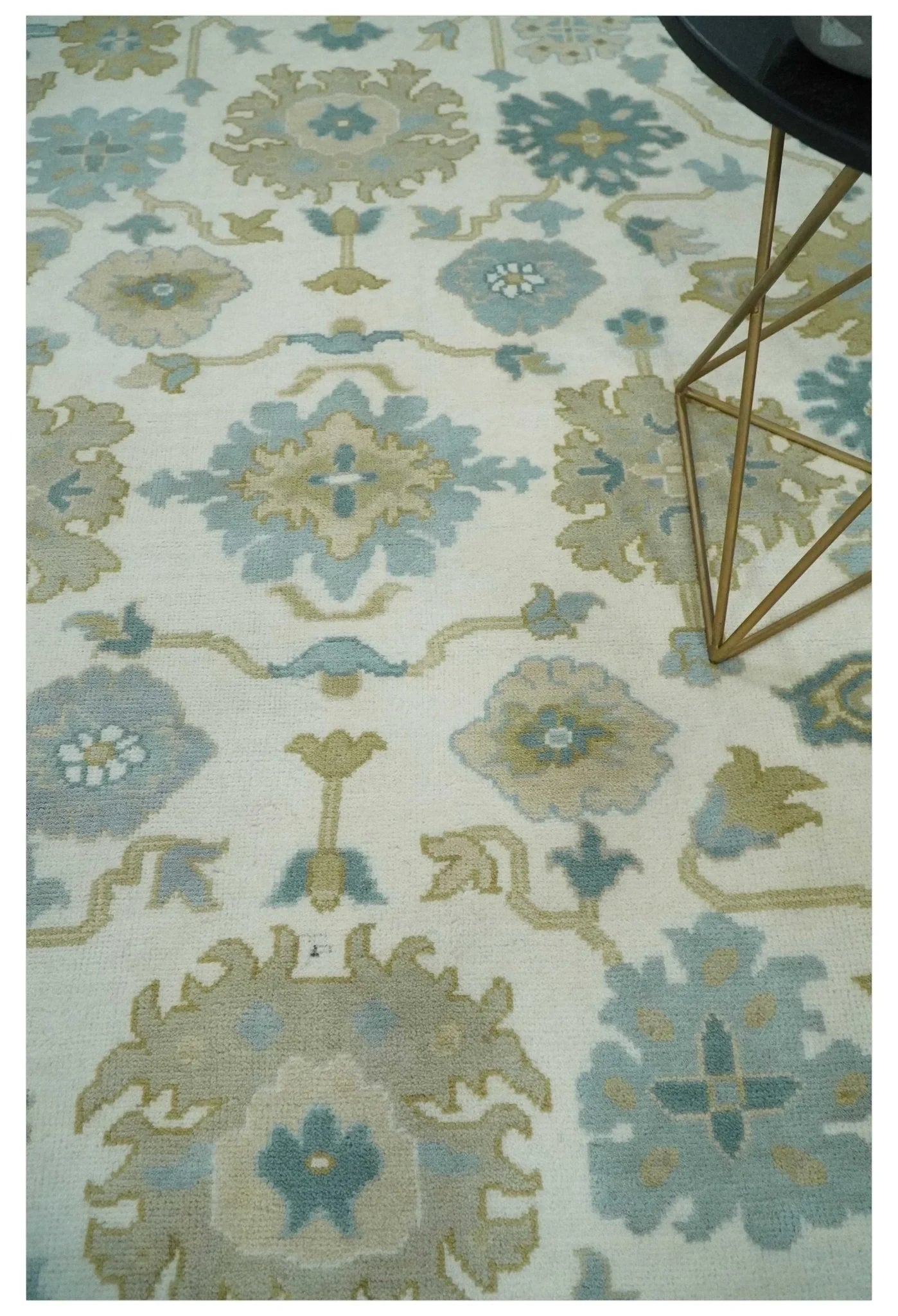 Ivory, Blue and Beige Floral Oushak Hand Knotted Traditional Turkish Inspired Wool Area Rug | TRDCP1538 - The Rug Decor