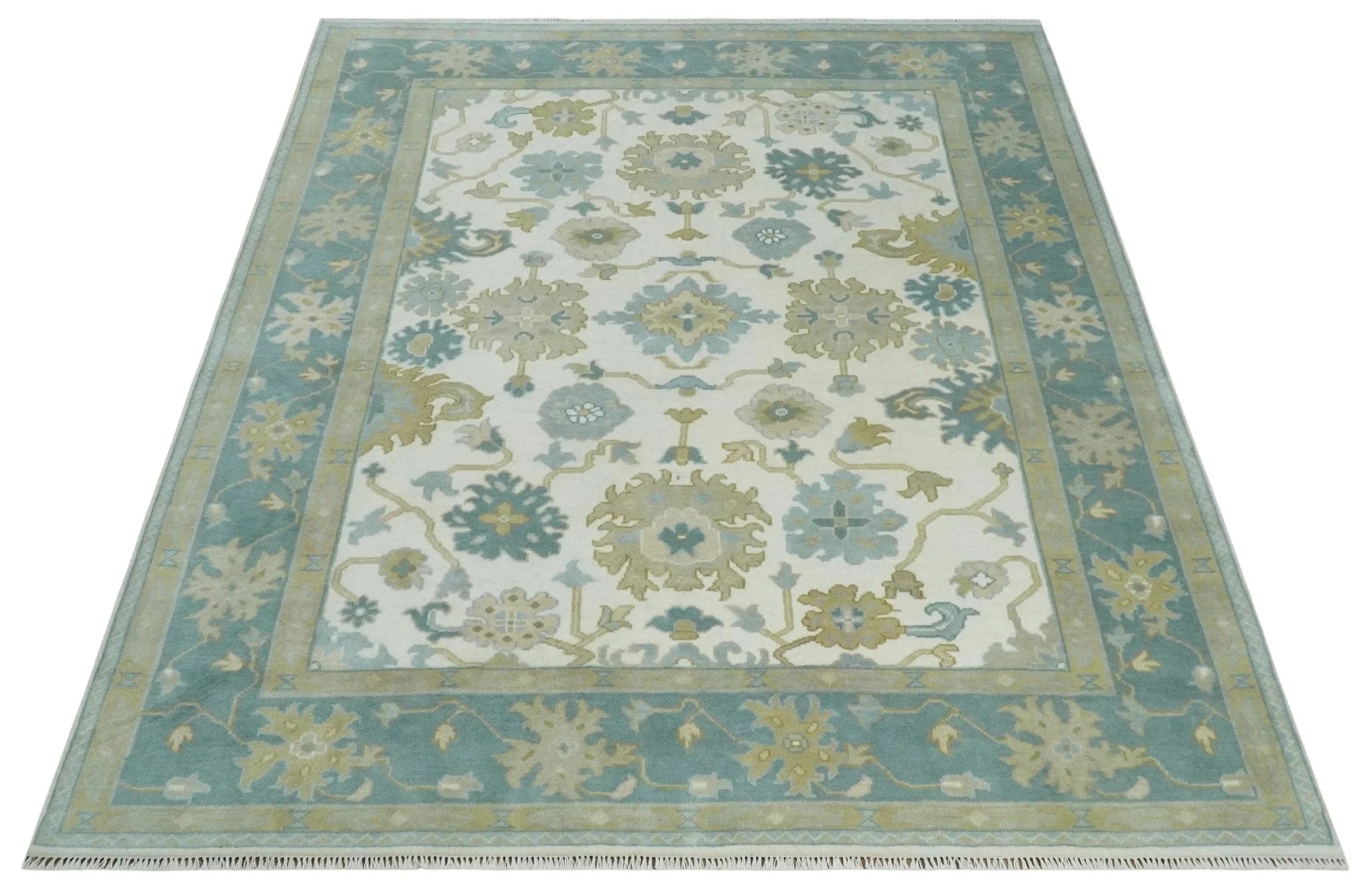Ivory, Blue and Beige Floral Oushak Hand Knotted Traditional Turkish Inspired Wool Area Rug | TRDCP1538 - The Rug Decor