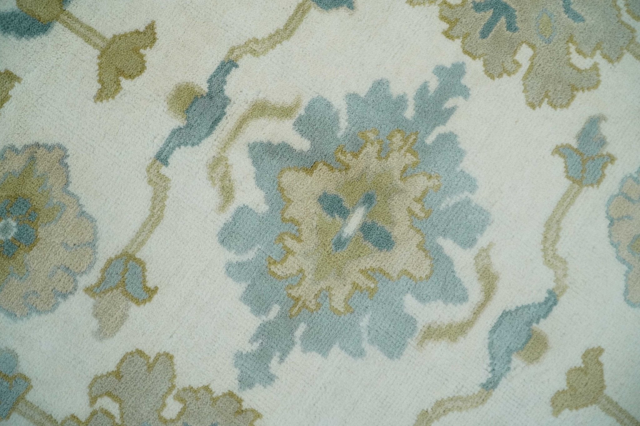 Ivory, Blue and Beige Floral Oushak Hand Knotted Traditional Turkish Inspired Wool Area Rug | TRDCP1538 - The Rug Decor