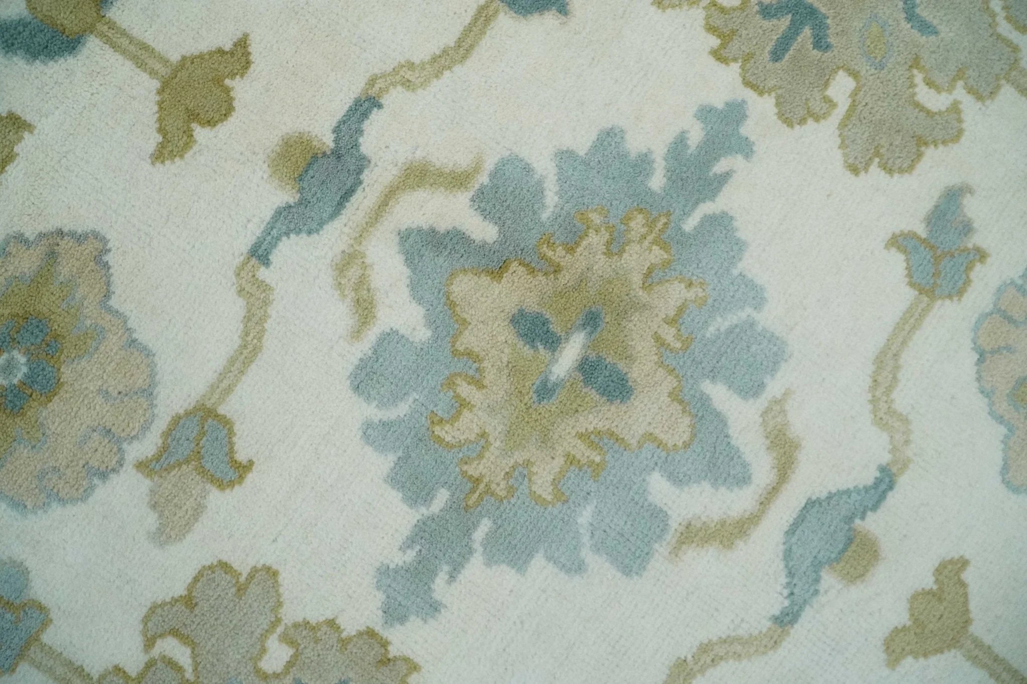 Ivory, Blue and Beige Floral Oushak Hand Knotted Traditional Turkish Inspired Wool Area Rug | TRDCP1538 - The Rug Decor