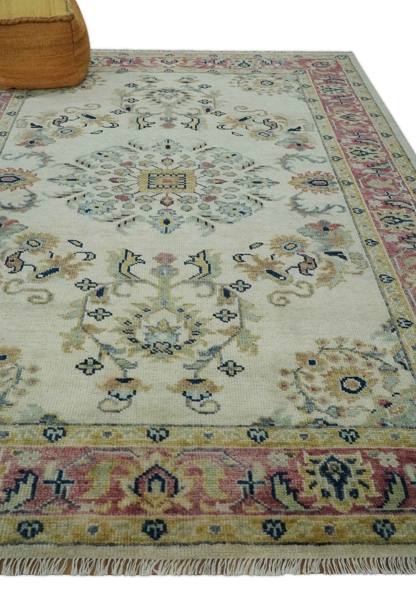 Ivory, Brown, Olive and Charcoal Traditional Heriz Medallion Custom Made Wool Area Rug - The Rug Decor