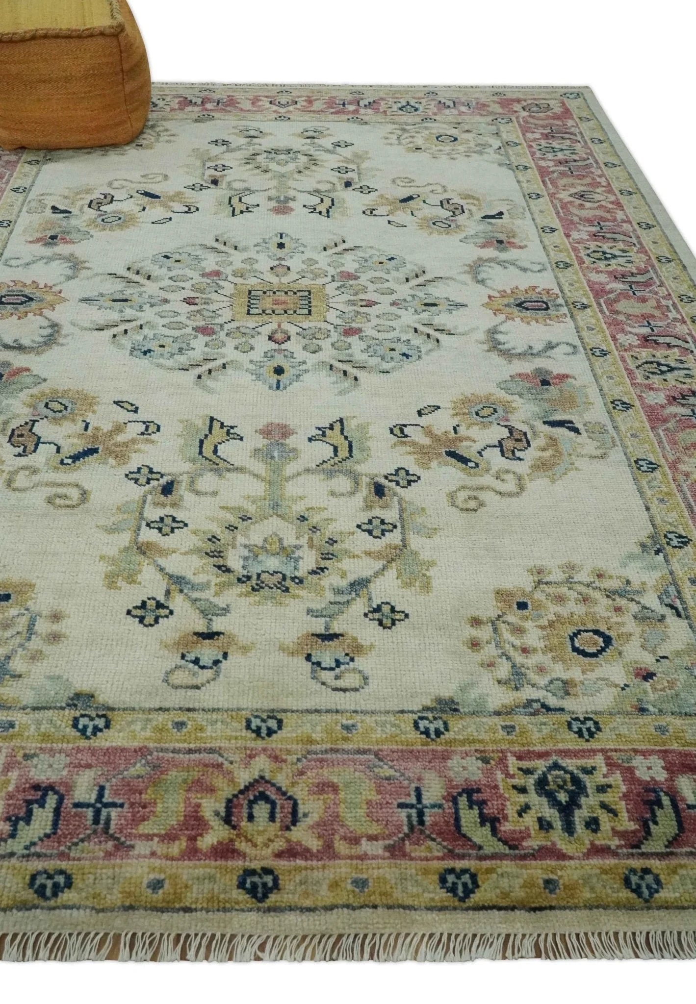 Ivory, Brown, Olive and Charcoal Traditional Heriz Medallion Custom Made Wool Area Rug - The Rug Decor