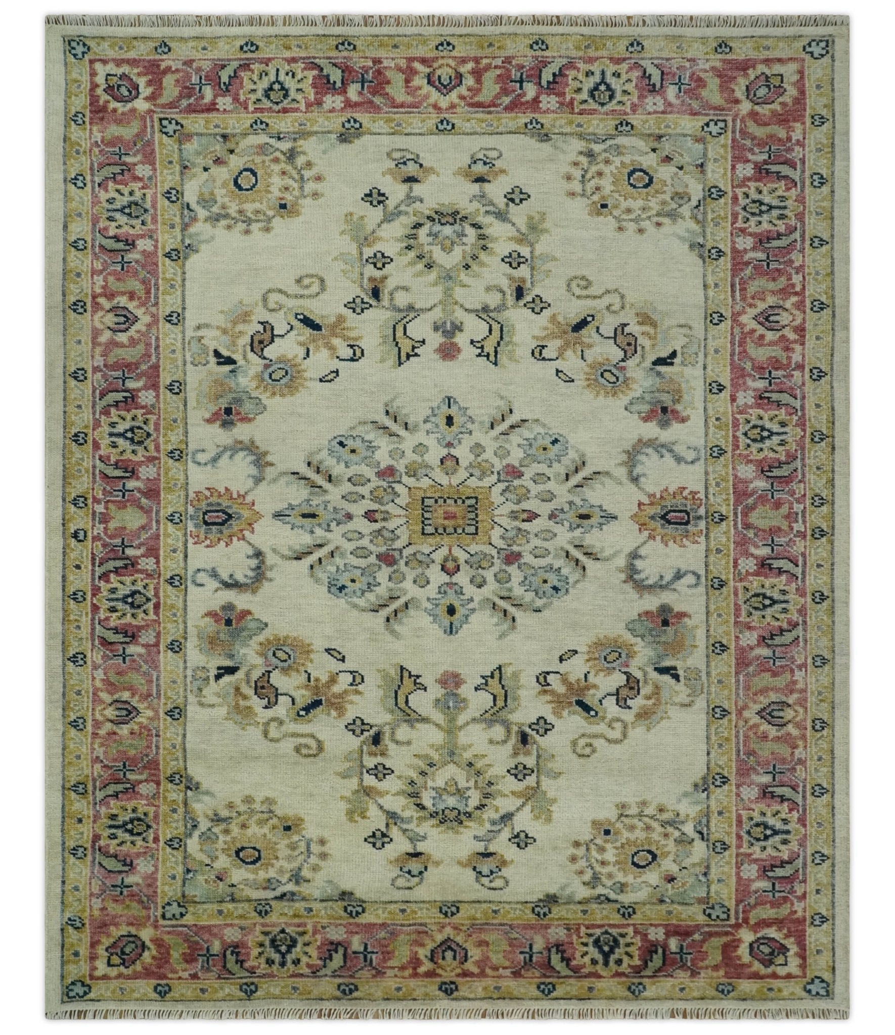 Ivory, Brown, Olive and Charcoal Traditional Heriz Medallion Custom Made Wool Area Rug - The Rug Decor