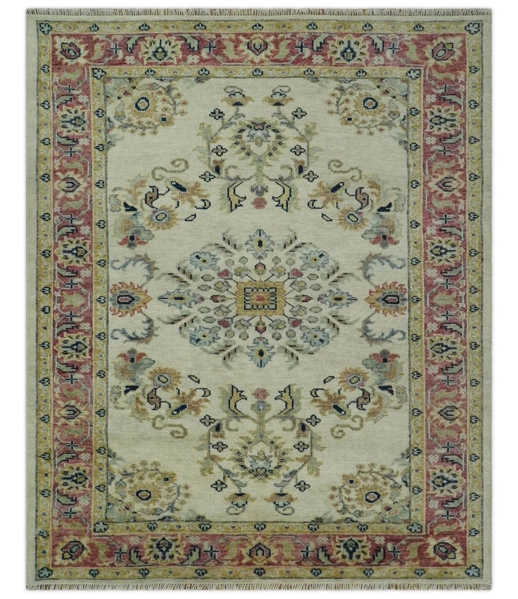 Ivory, Brown, Olive and Charcoal Traditional Heriz Medallion Custom Made Wool Area Rug - The Rug Decor
