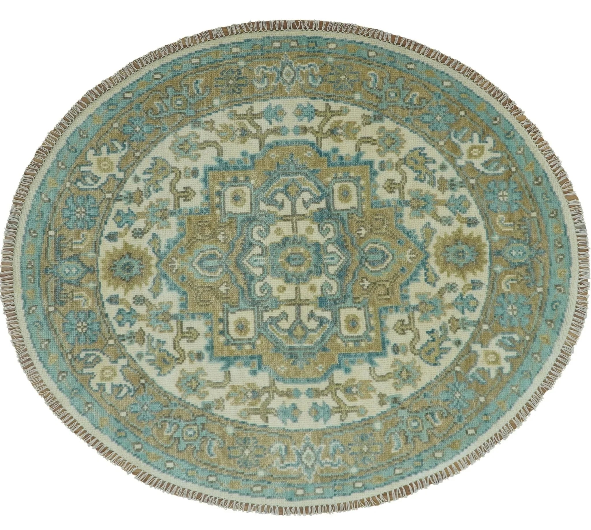 Ivory, Olive and Teal Hand Knotted Traditional Heriz Custom Made wool area rug - The Rug Decor