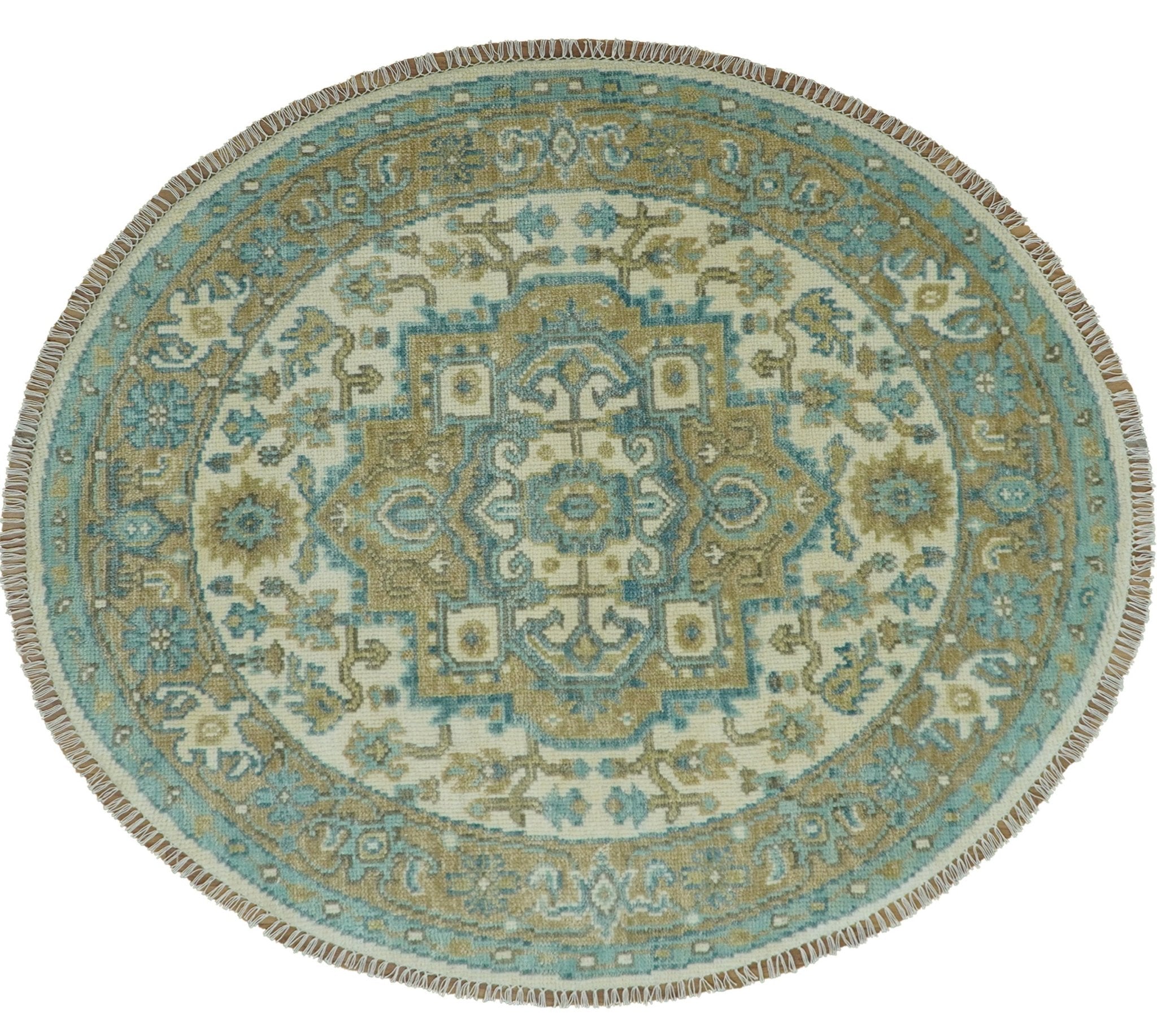 Ivory, Olive and Teal Hand Knotted Traditional Heriz Custom Made wool area rug