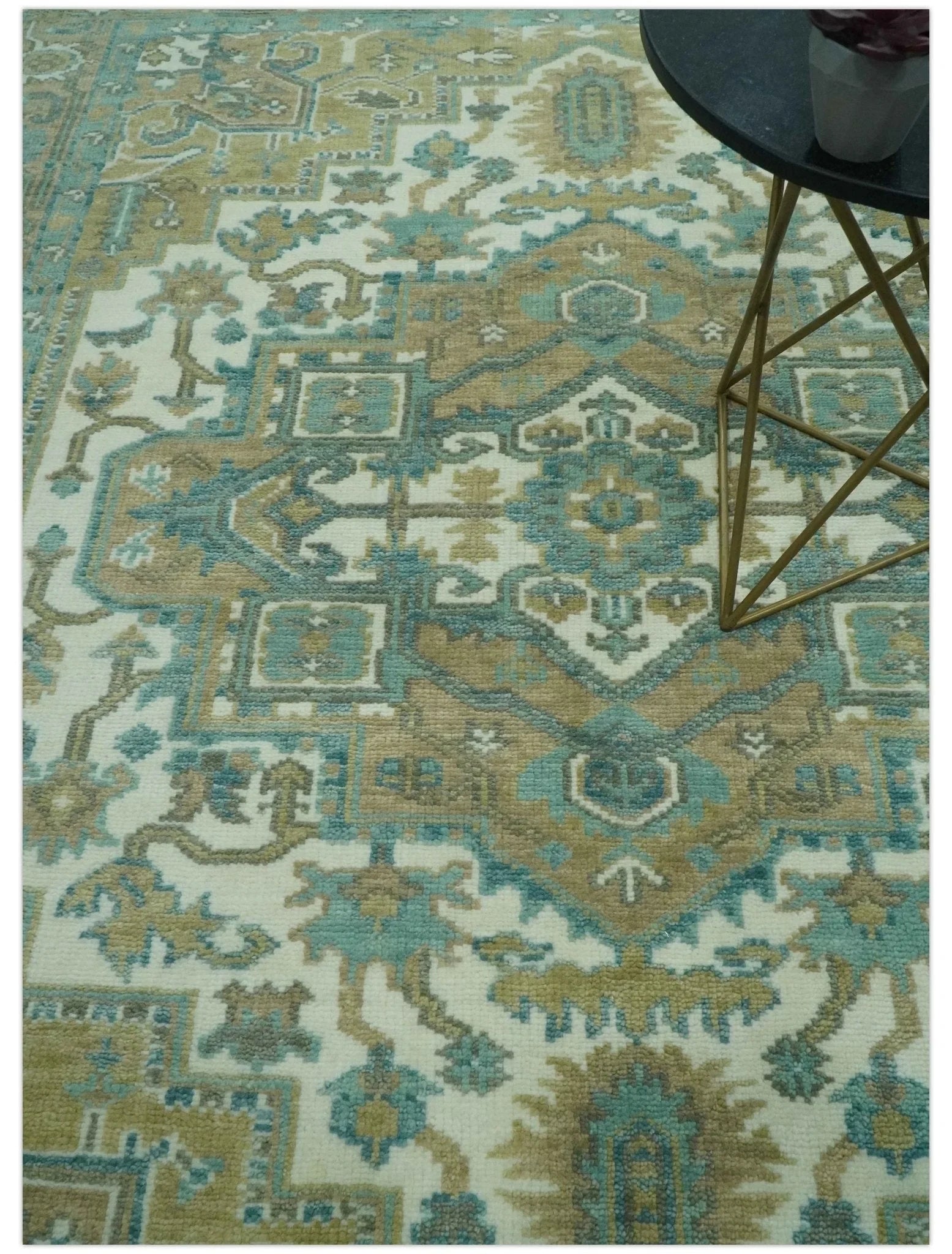Ivory, Olive and Teal Hand Knotted Traditional Heriz Custom Made wool area rug - The Rug Decor