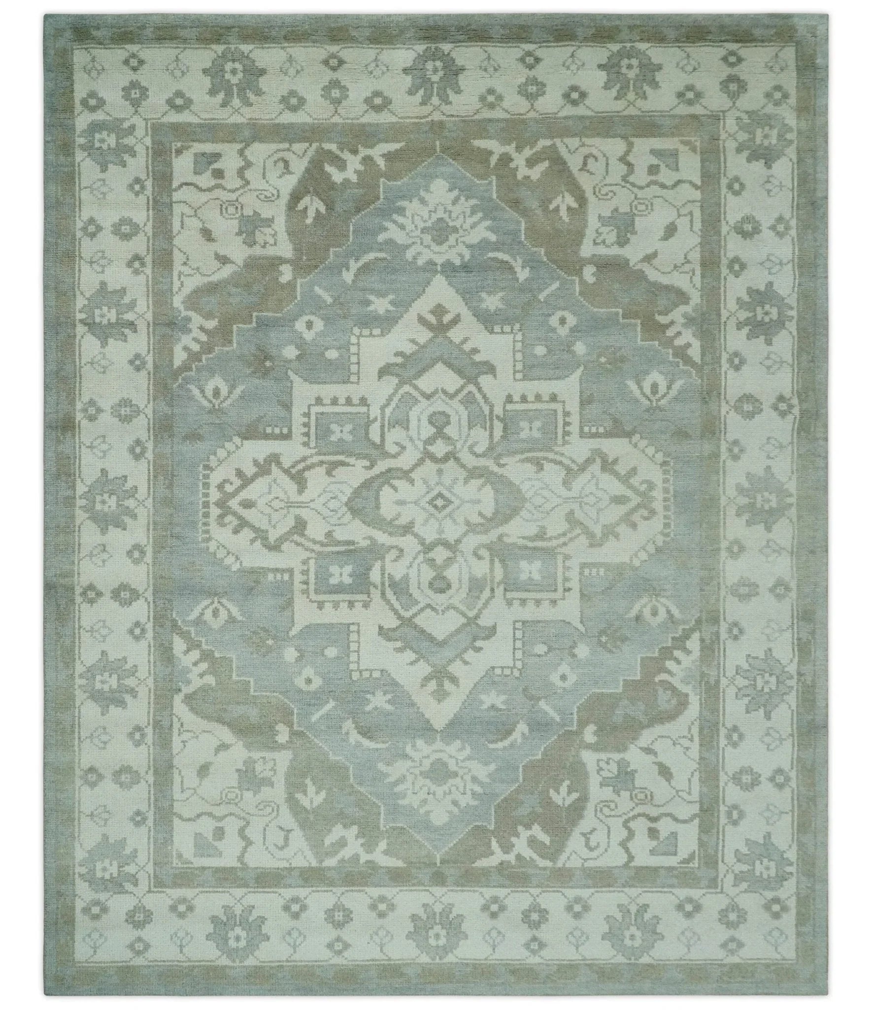 Ivory, Silver and Olive Traditional Heriz Medallion Hand Knotted Multi Size wool Area Rug - The Mayfair Hall