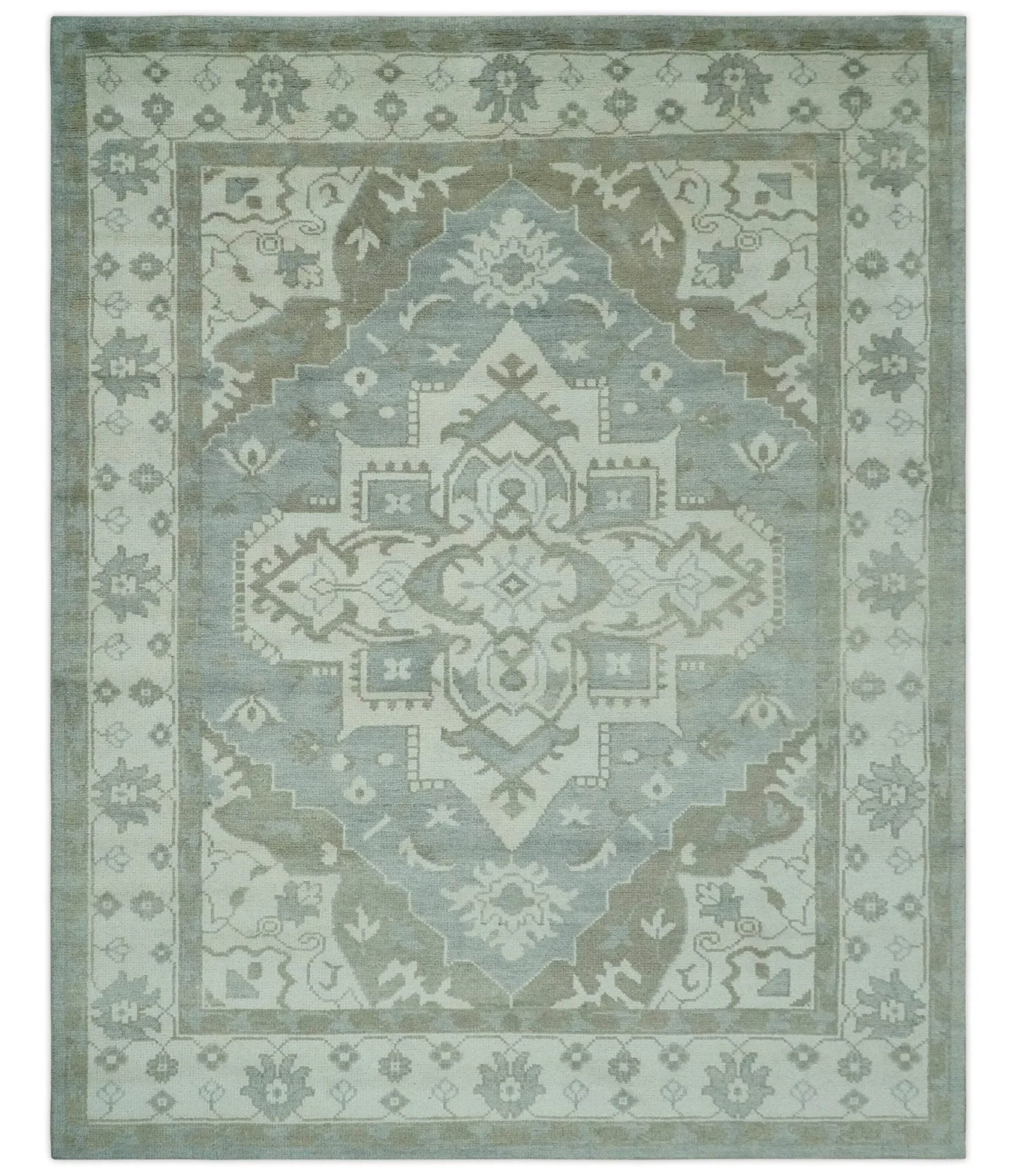 Ivory, Silver and Olive Traditional Heriz Medallion Hand Knotted Multi Size wool Area Rug - The Rug Decor