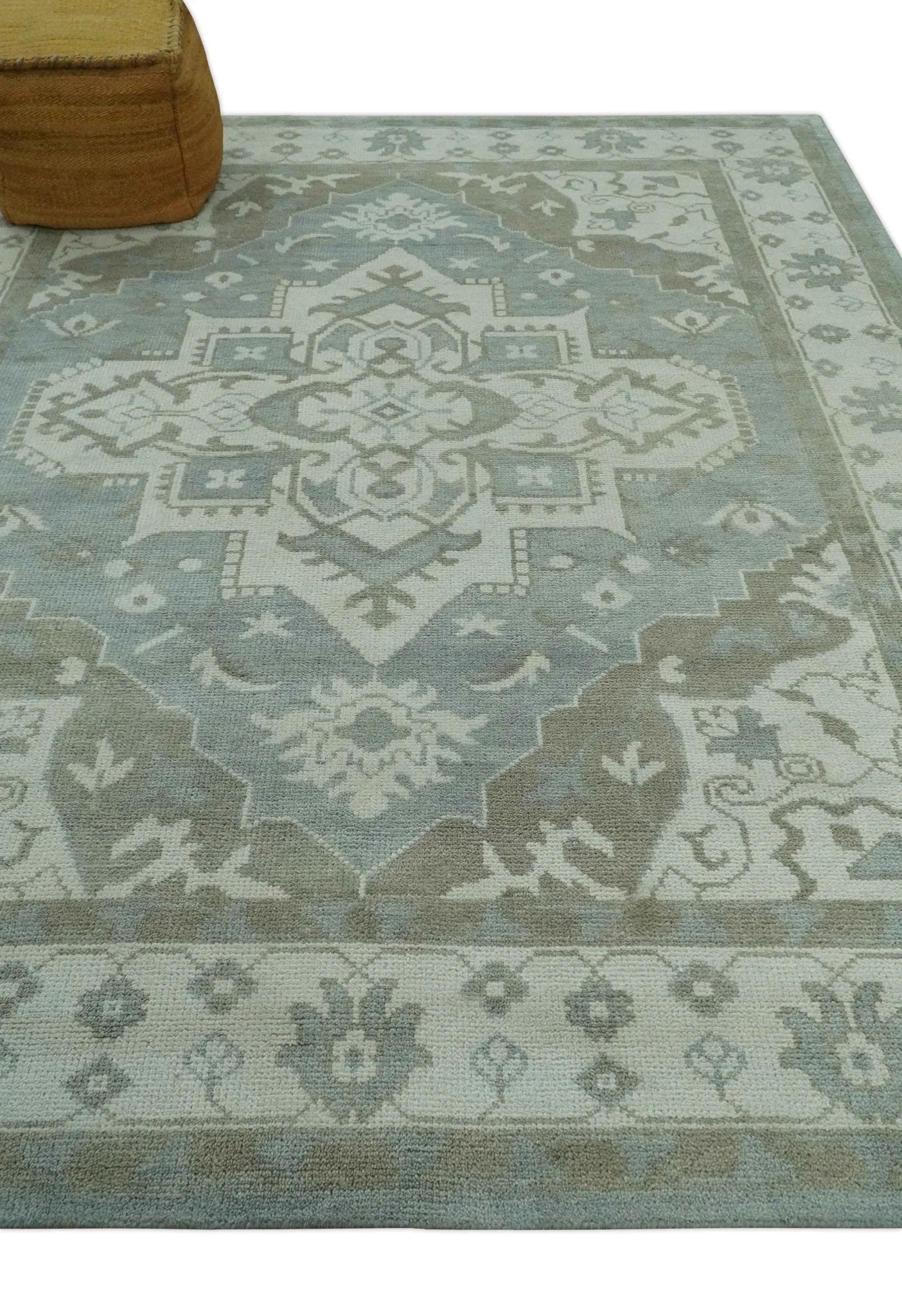 Ivory, Silver and Olive Traditional Heriz Medallion Hand Knotted Multi Size wool Area Rug - The Mayfair Hall
