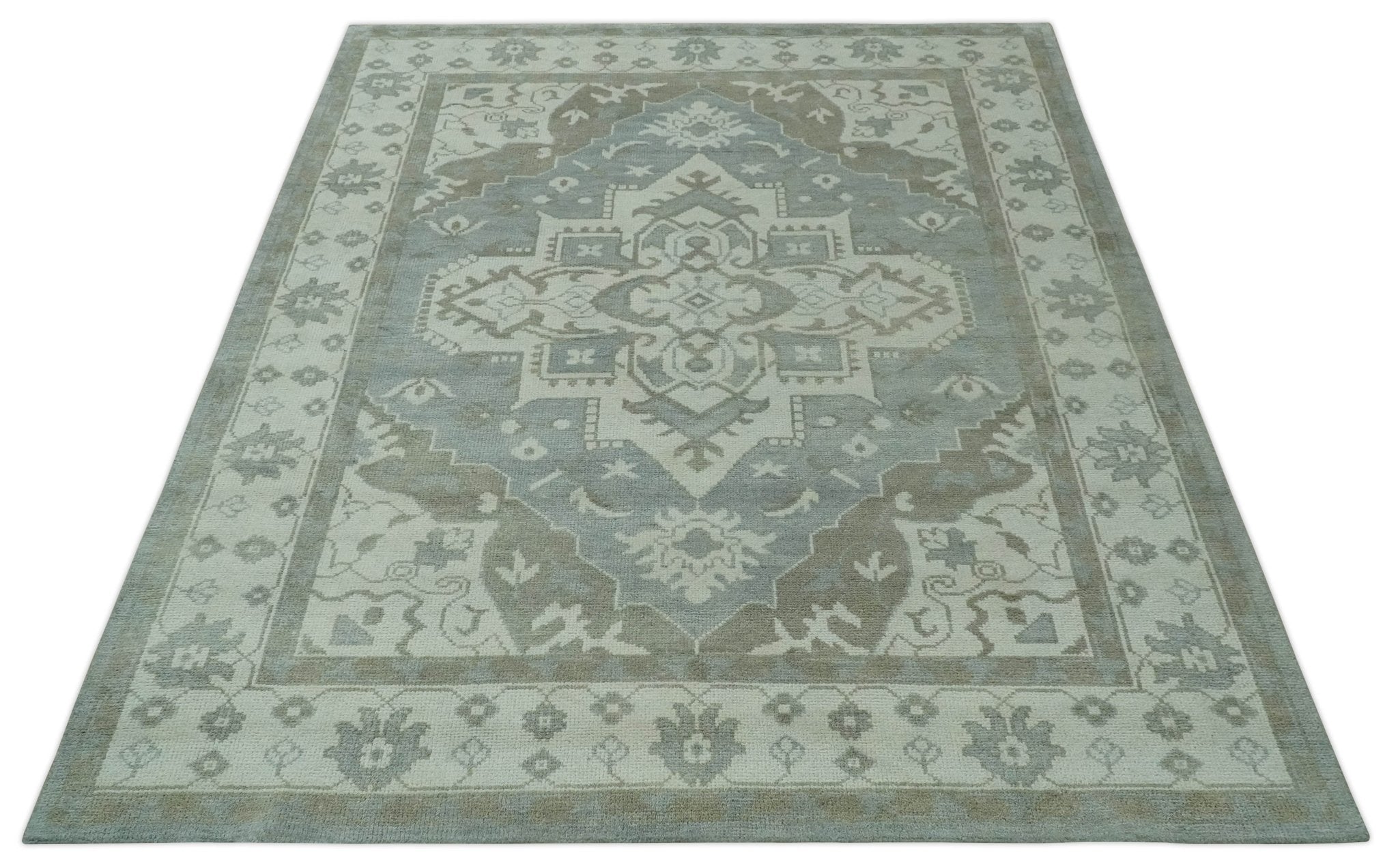 Ivory, Silver and Olive Traditional Heriz Medallion Hand Knotted Multi Size wool Area Rug - The Rug Decor