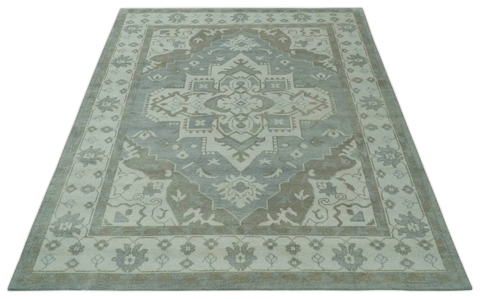 Ivory, Silver and Olive Traditional Heriz Medallion Hand Knotted Multi Size wool Area Rug - The Rug Decor
