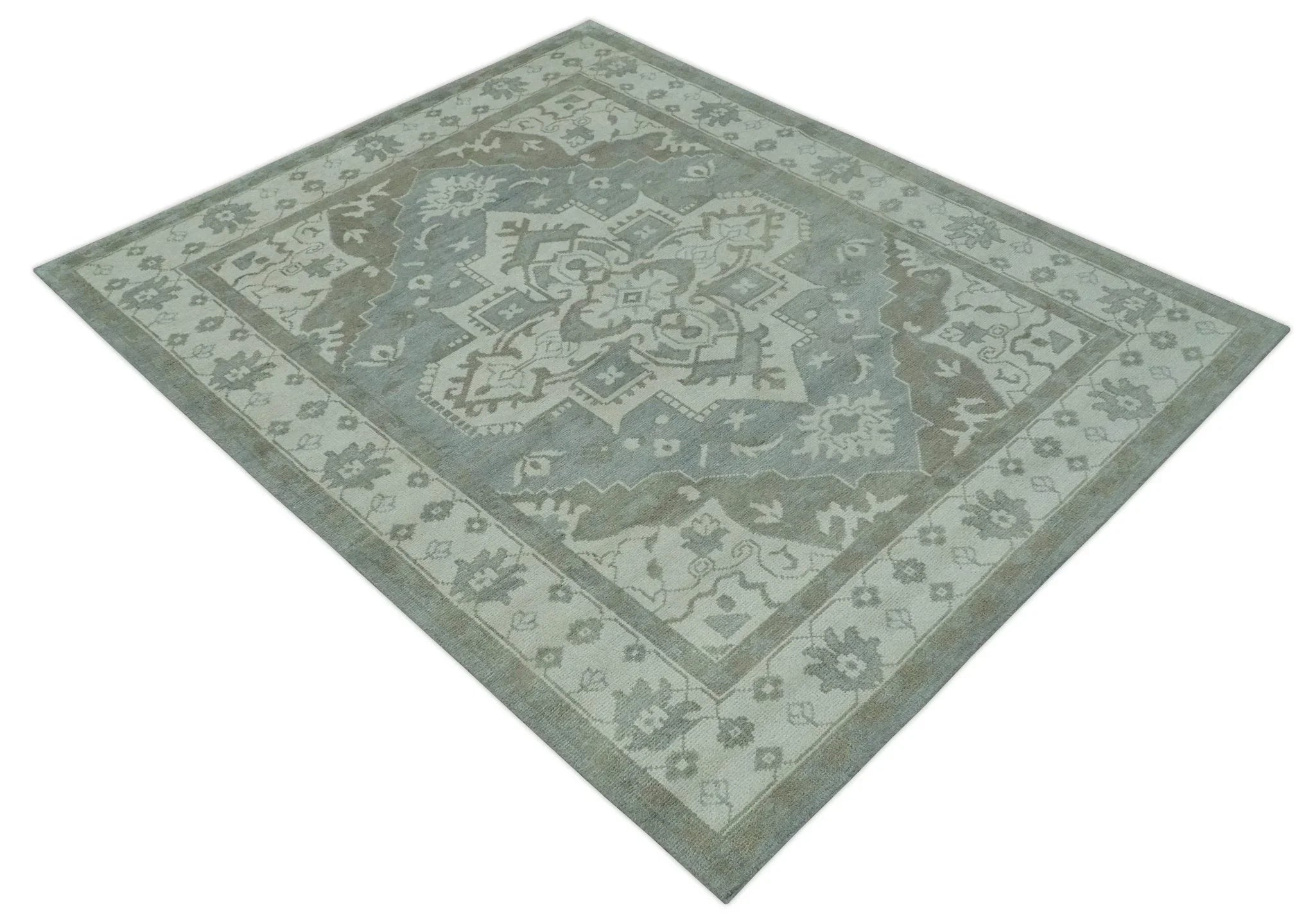Ivory, Silver and Olive Traditional Heriz Medallion Hand Knotted Multi Size wool Area Rug - The Mayfair Hall